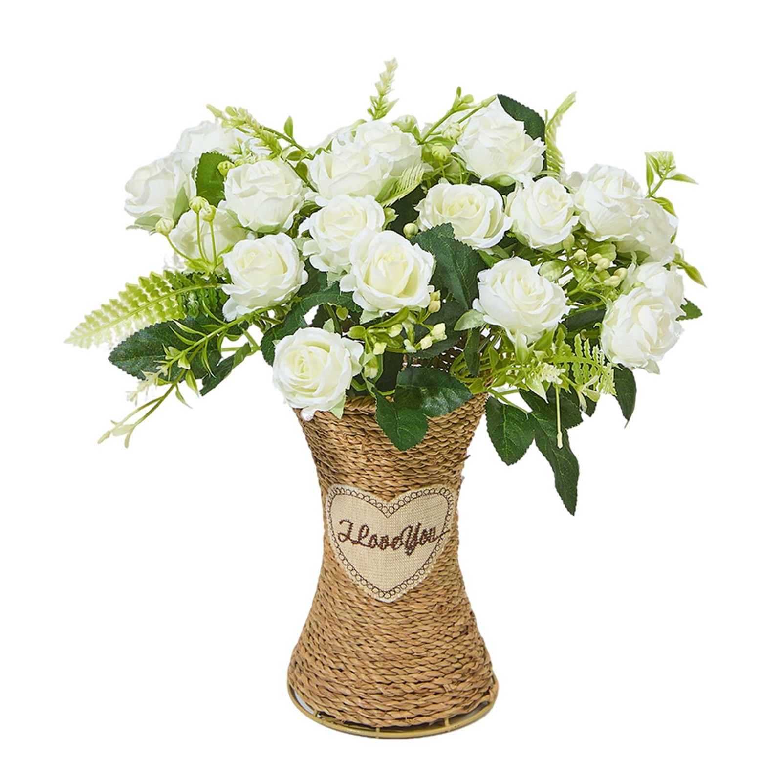 3 Bundles White Roses Artificial Flowers with Vase
