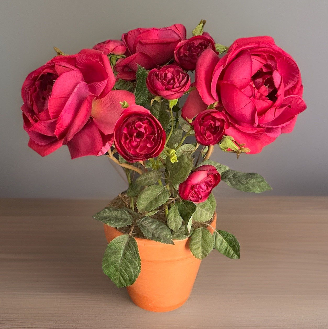 Realistic Artificial Camellia Red Roses Floral Arrangement Terracotta Pot 15’’