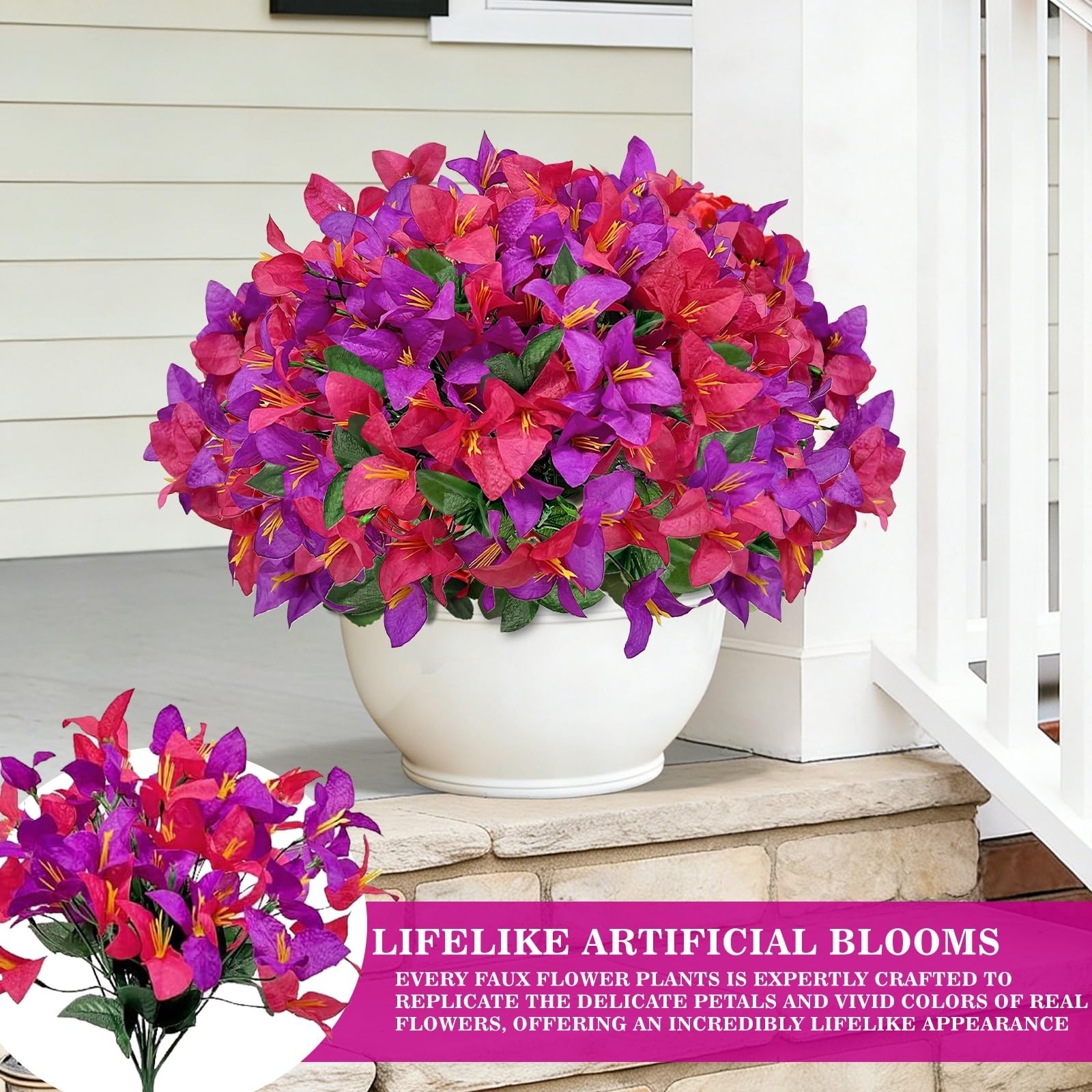 Faux Hanging Flowers for Outdoor Decor – UV Resistant Bougainvillea Planters, Re