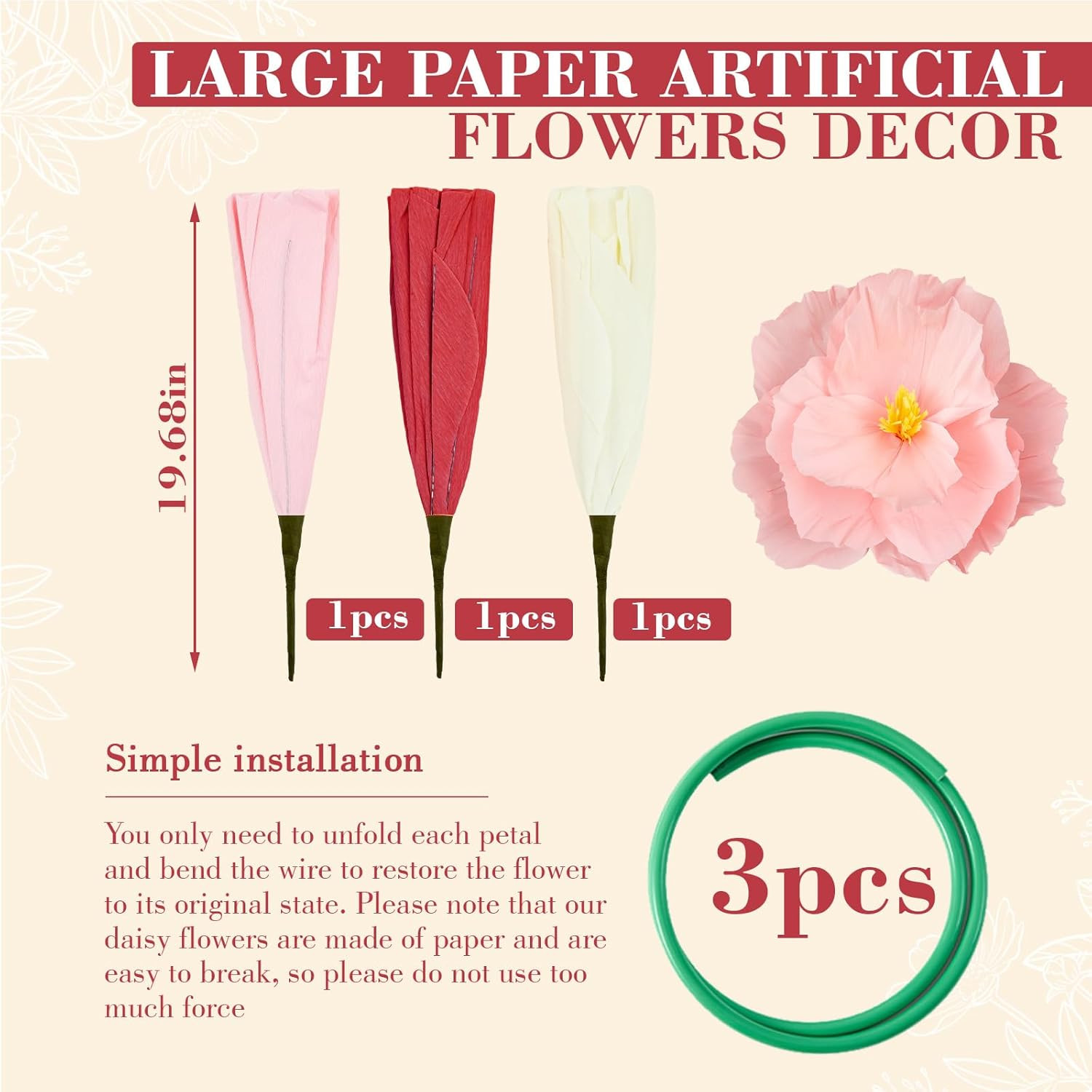 Giant 5Ft Handcrafted Poppy Flowers – 3 Pcs Colorful Party Decorations