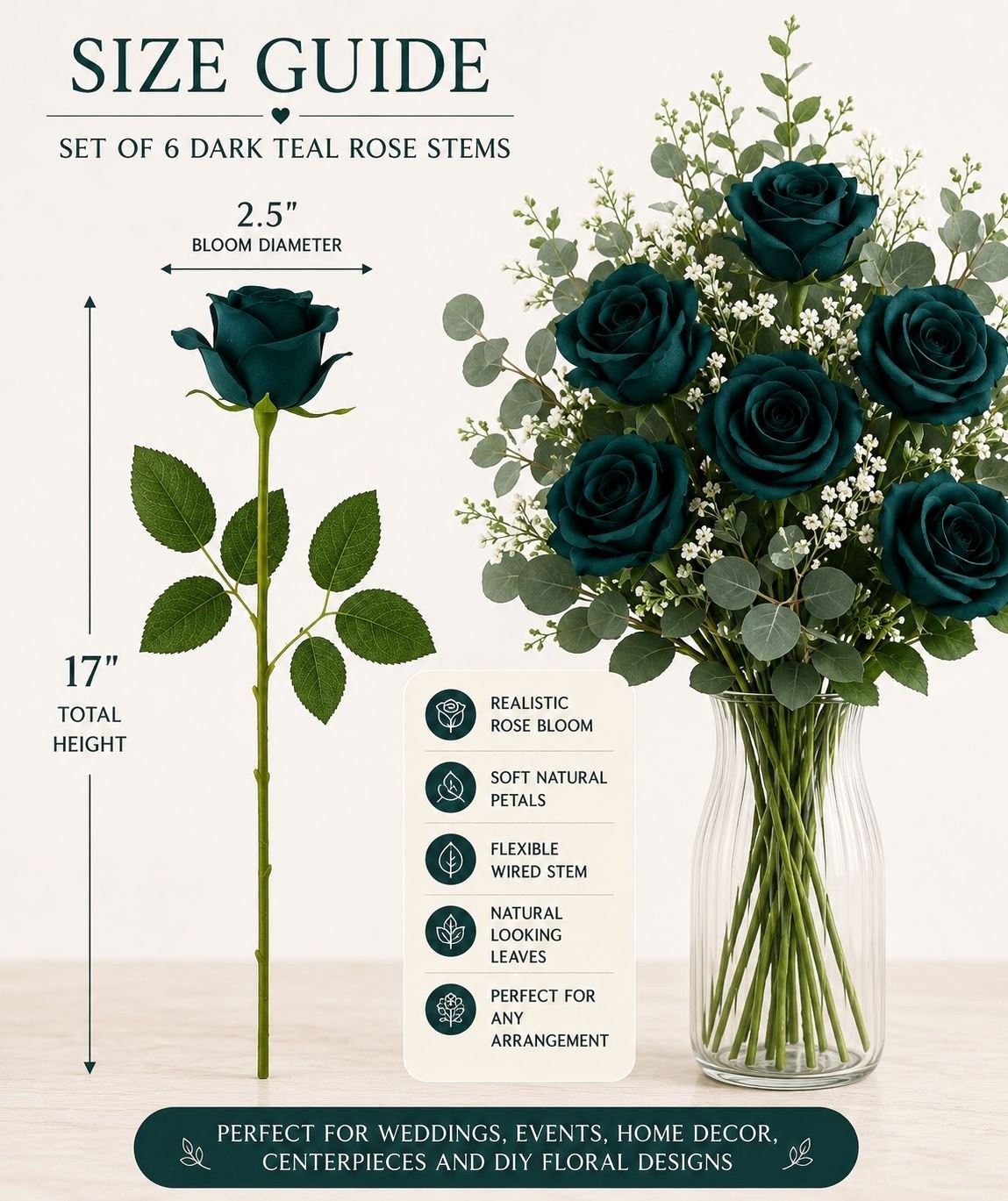 Set of 6 Dark Teal Green Artificial Rose Stems Peacock Teal Faux Roses Boho Wedd