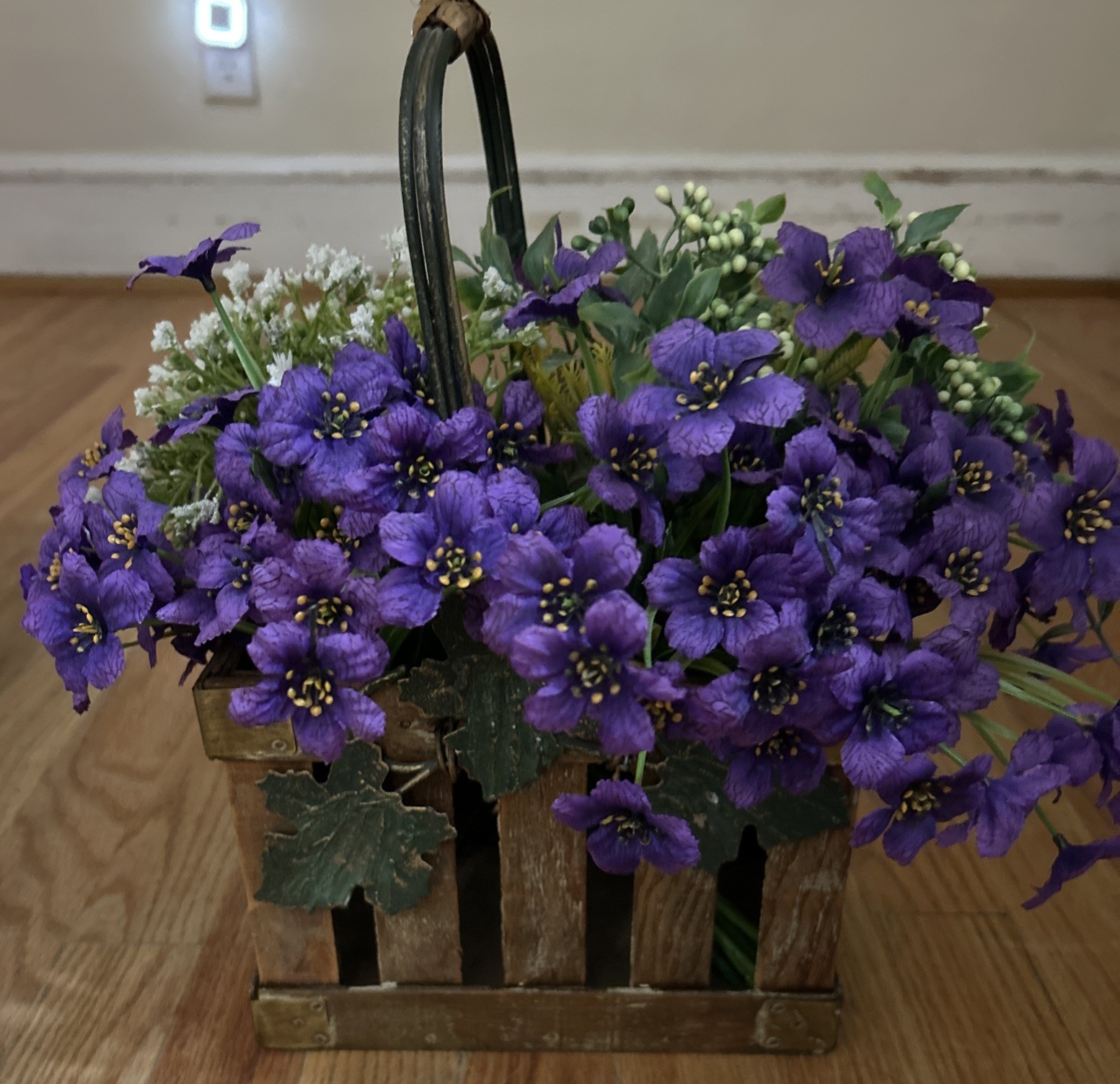 Beautiful Purple & White Floral Arrangement In A Crate With Handle Metal Leaves