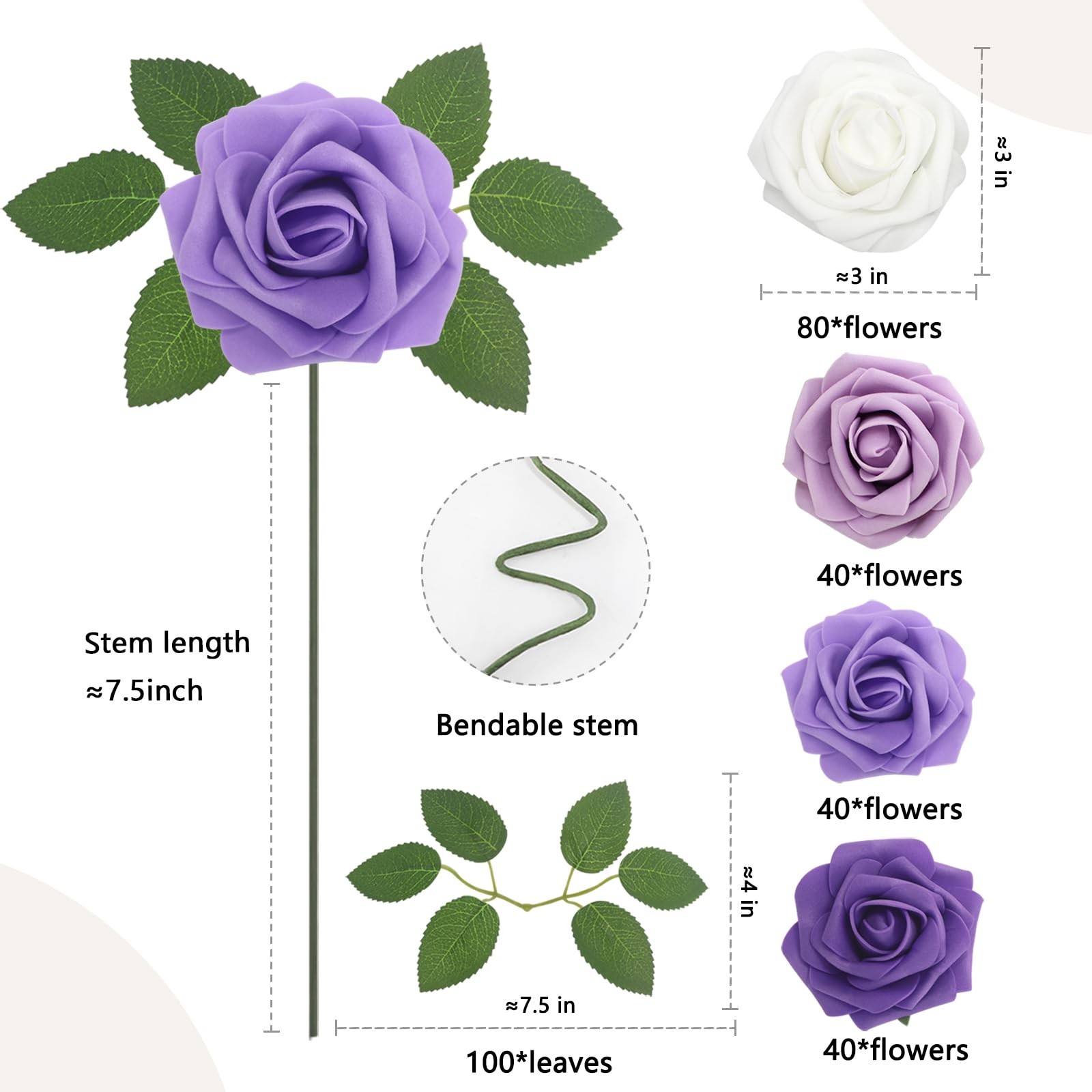 200PCS Artificial Flowers Purple Mixed Series Roses Real Looking Foam Fake Ro…