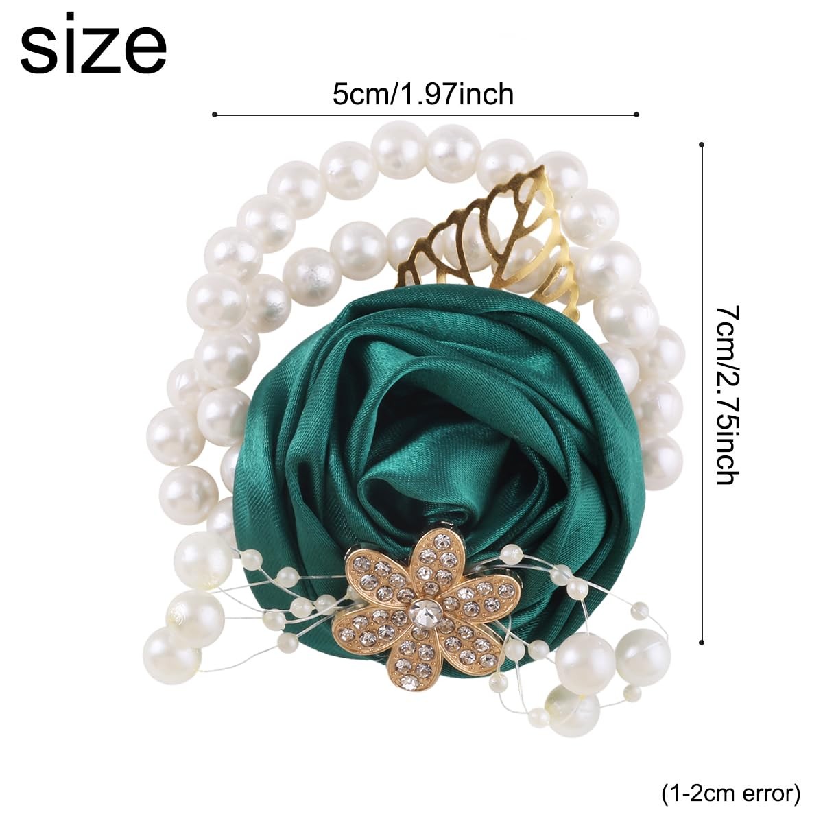 5 PCS Pearl Beaded Satin Wrist Corsage Artificial Flower Emerald Green