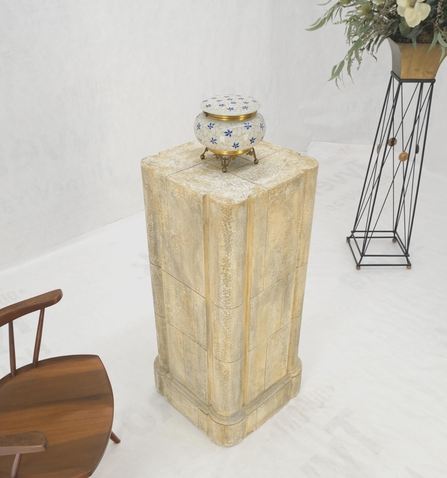 large 19×19 Square Faux Travertine 41″ Tall Carved Geometric Decorative Pattern