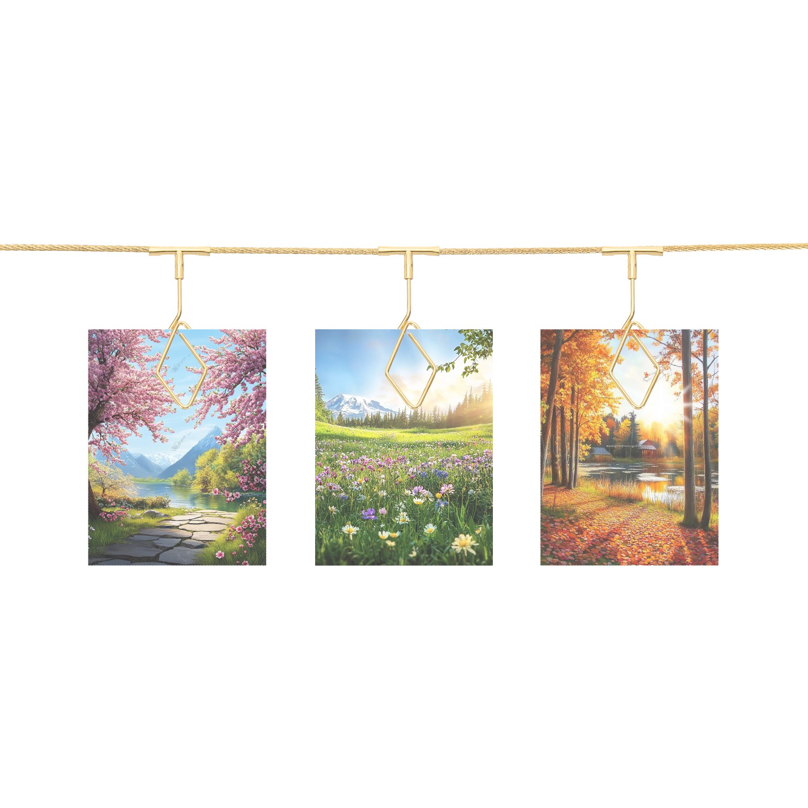 5Ft Wall Hanging Photo Display Cable Wire Rod with 12 Rhombus Clips, Gold
