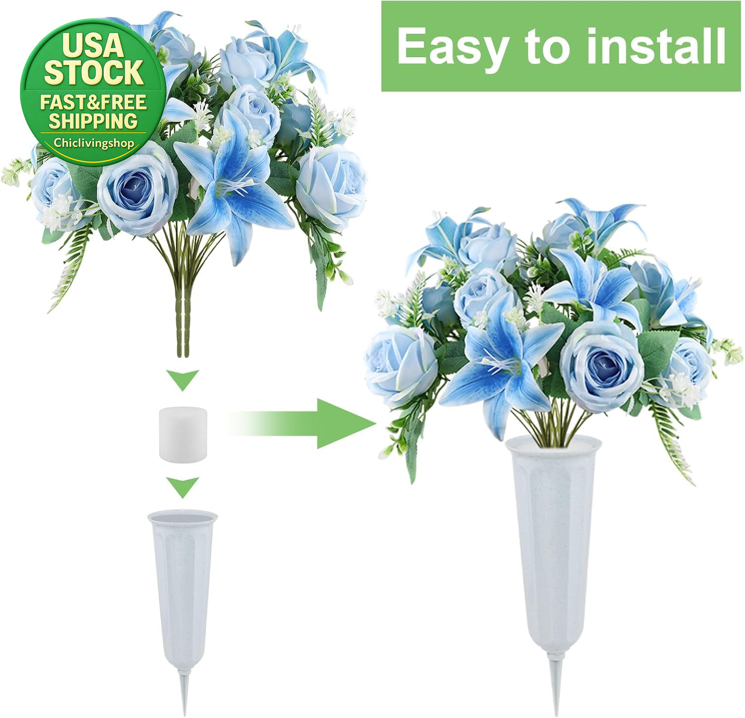 Artificial Cemetery Flowers 2 Set Lilies Roses Mixed Blue Silk with Vases