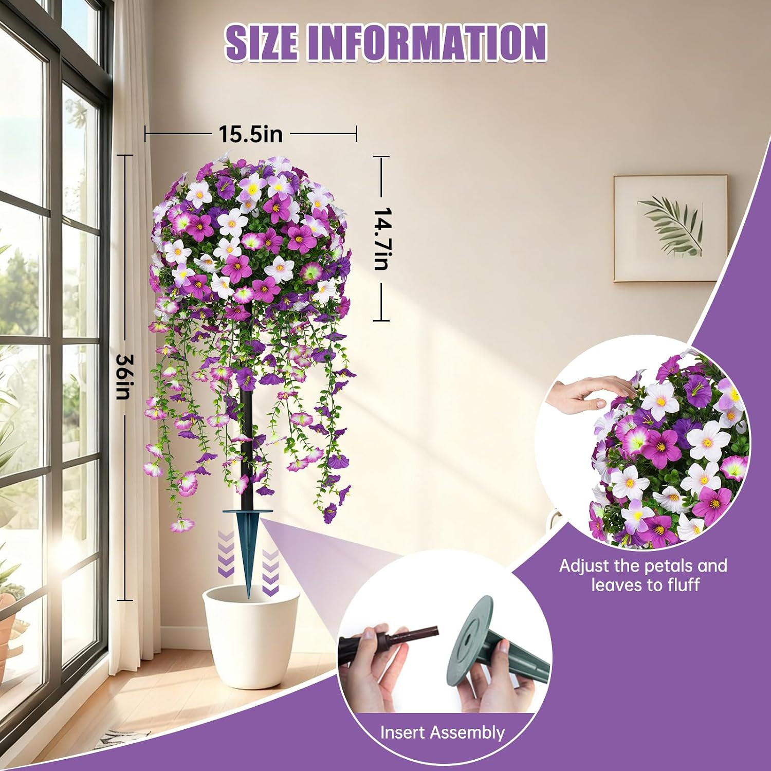 3FT Purple Morning Glory Topiary Ball Trees – Set of 2 UV Resistant Faux Plants