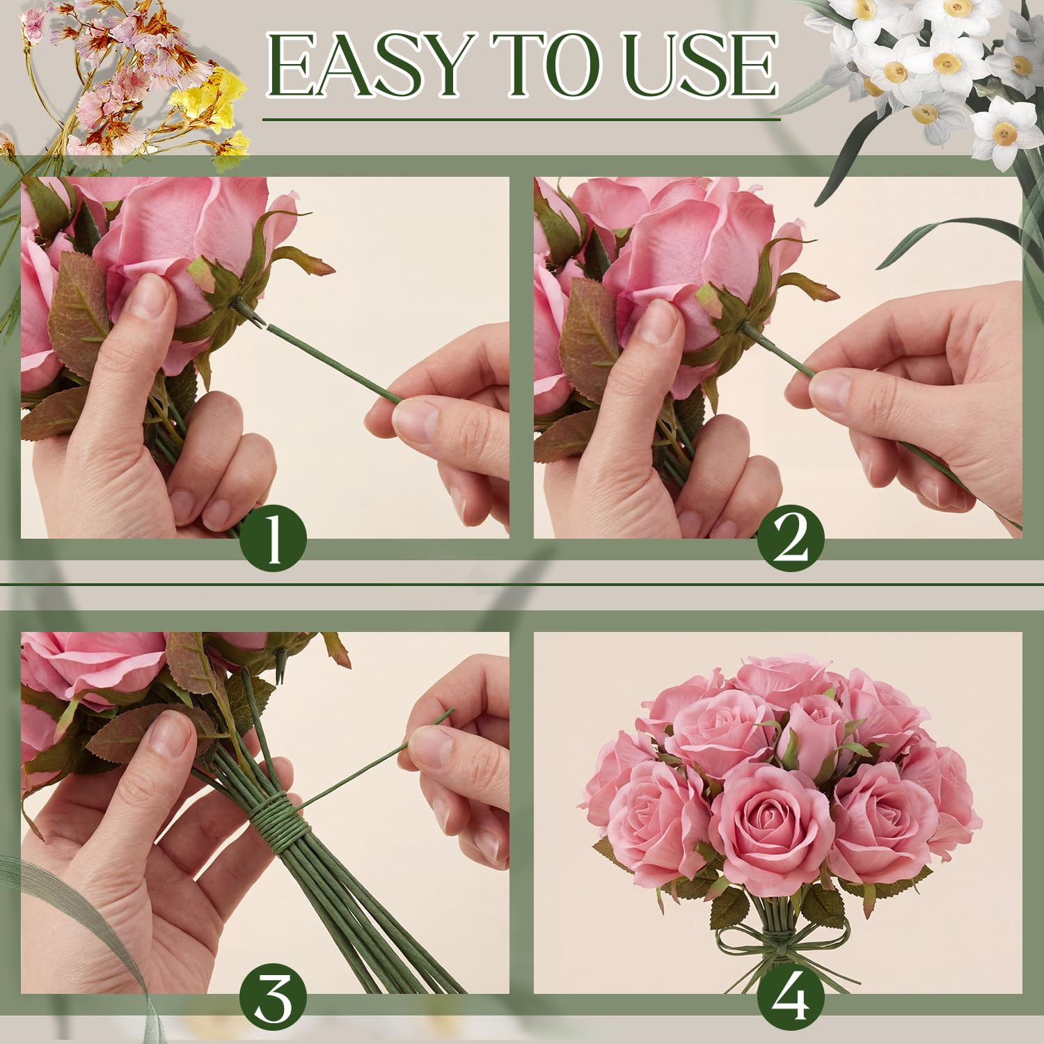 300 Pcs Dark Green Floral Wire Stems 14 Inch Flexible Flower Stem for Artificial