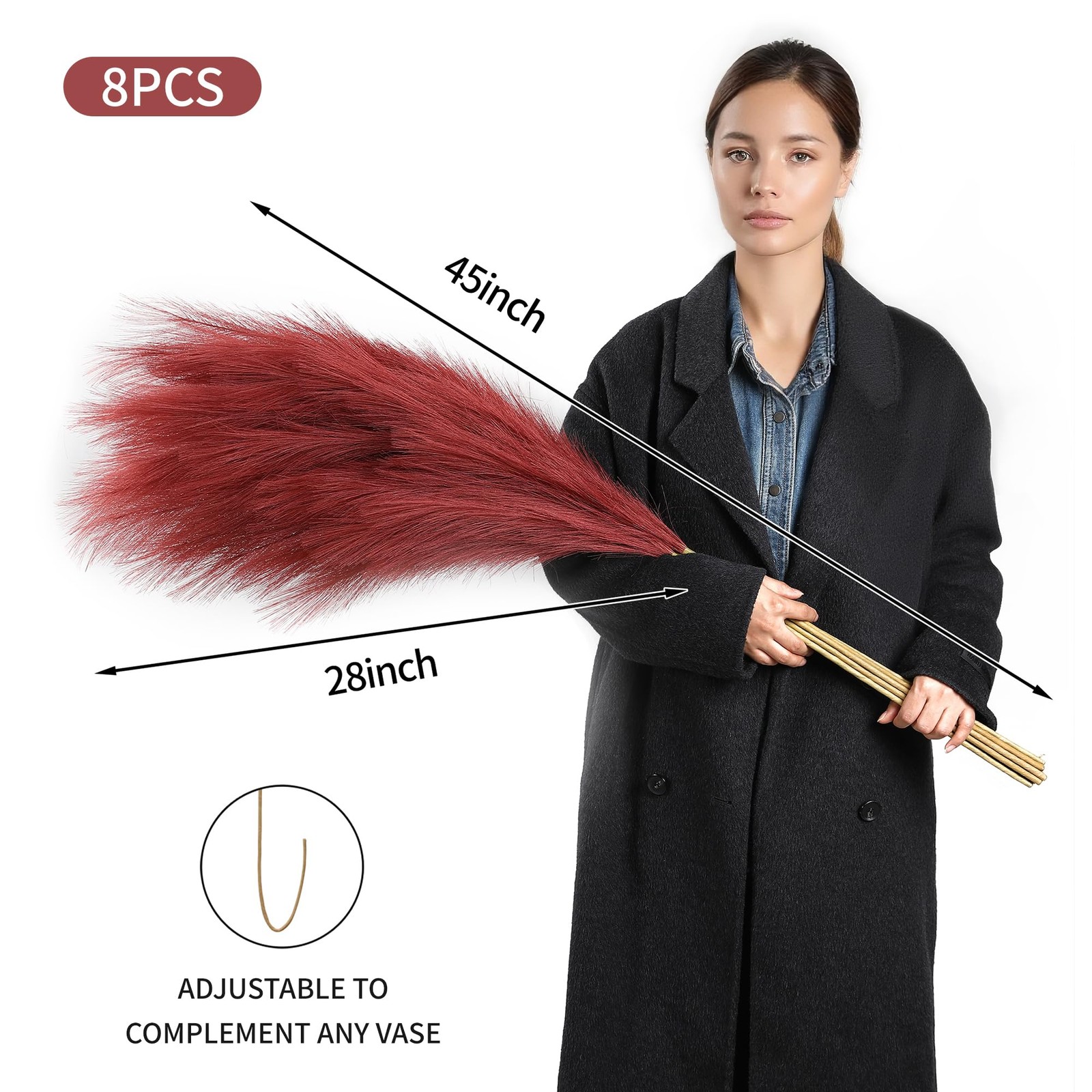 8 PCS Burgundy Pampas Grass Decor 45 Inch Tall Faux Pompous Artificial Vase