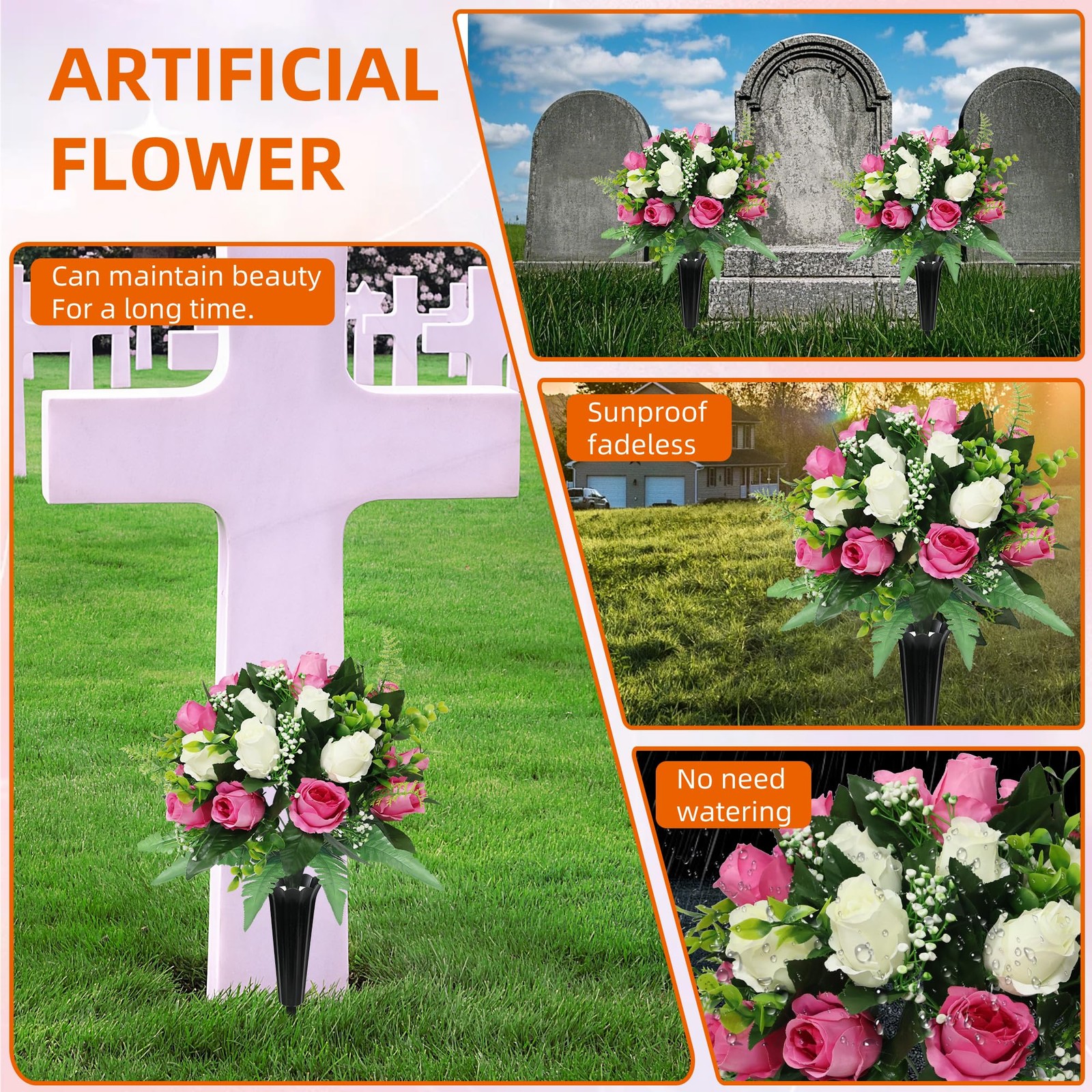 2 Sets Artificial Cemetery Flowers for Grave,Realistic Grave Flowers for Ceme…
