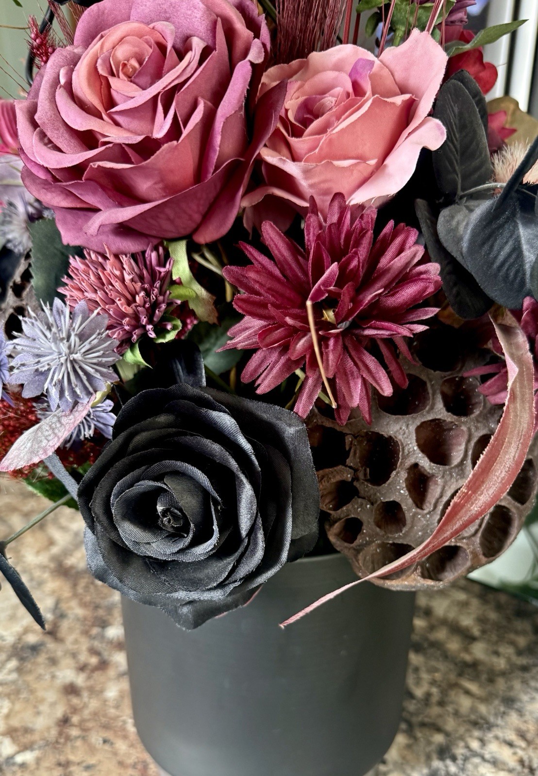 Pink Black Rose Centerpiece Floral Arrangement Art Decor Living Dining Beehive