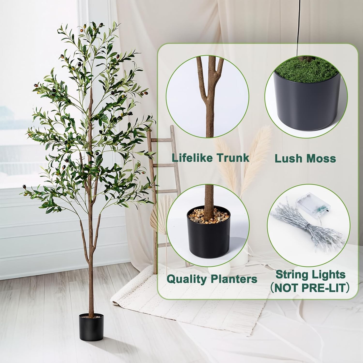 Faux Olive Tree 6FT Tall Artificial Moss Planter Indoor Outdoor Large