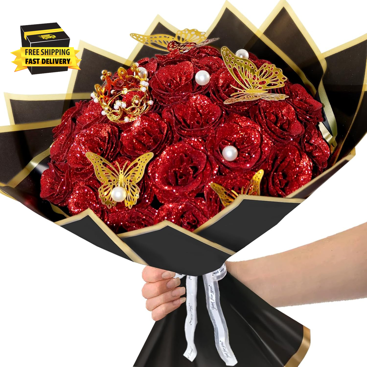 Red Glitter Roses Bouquet, 24 Pcs Shiny Glitter Flowers Bouquet, Everlasting Art
