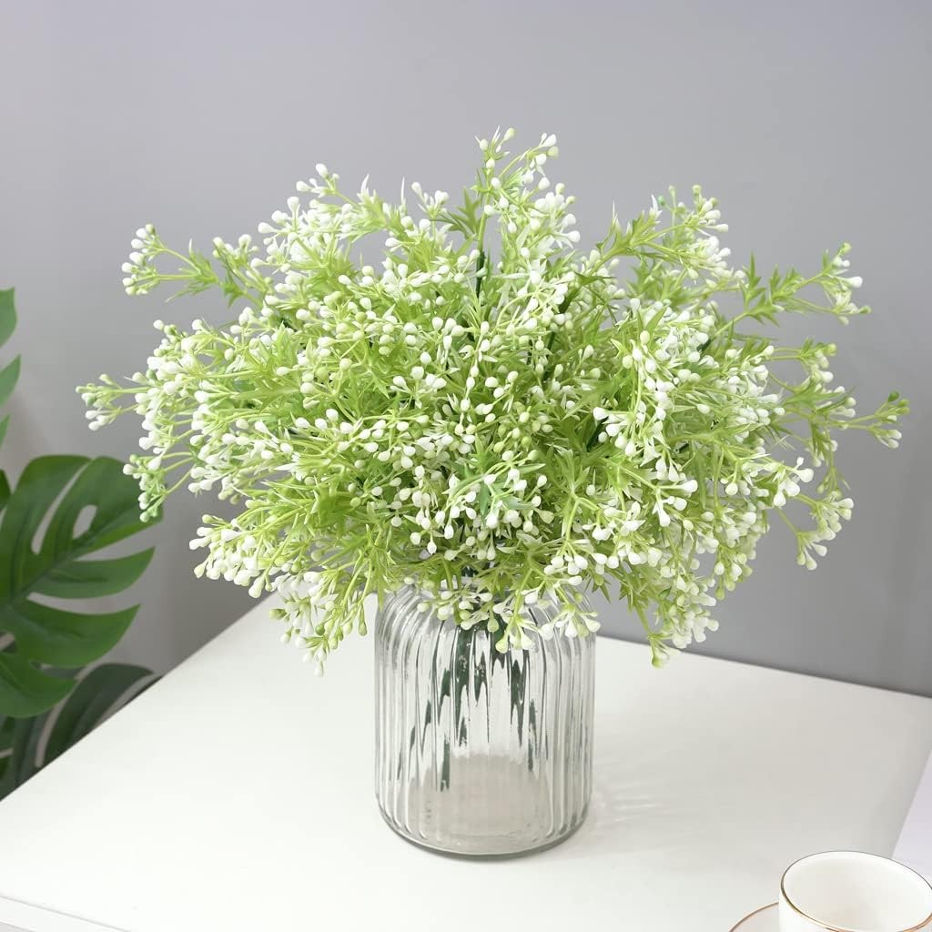 Artificial Plants, Fake Plastic Pearl Bouquet Faux White Flowers Bushes Greenery