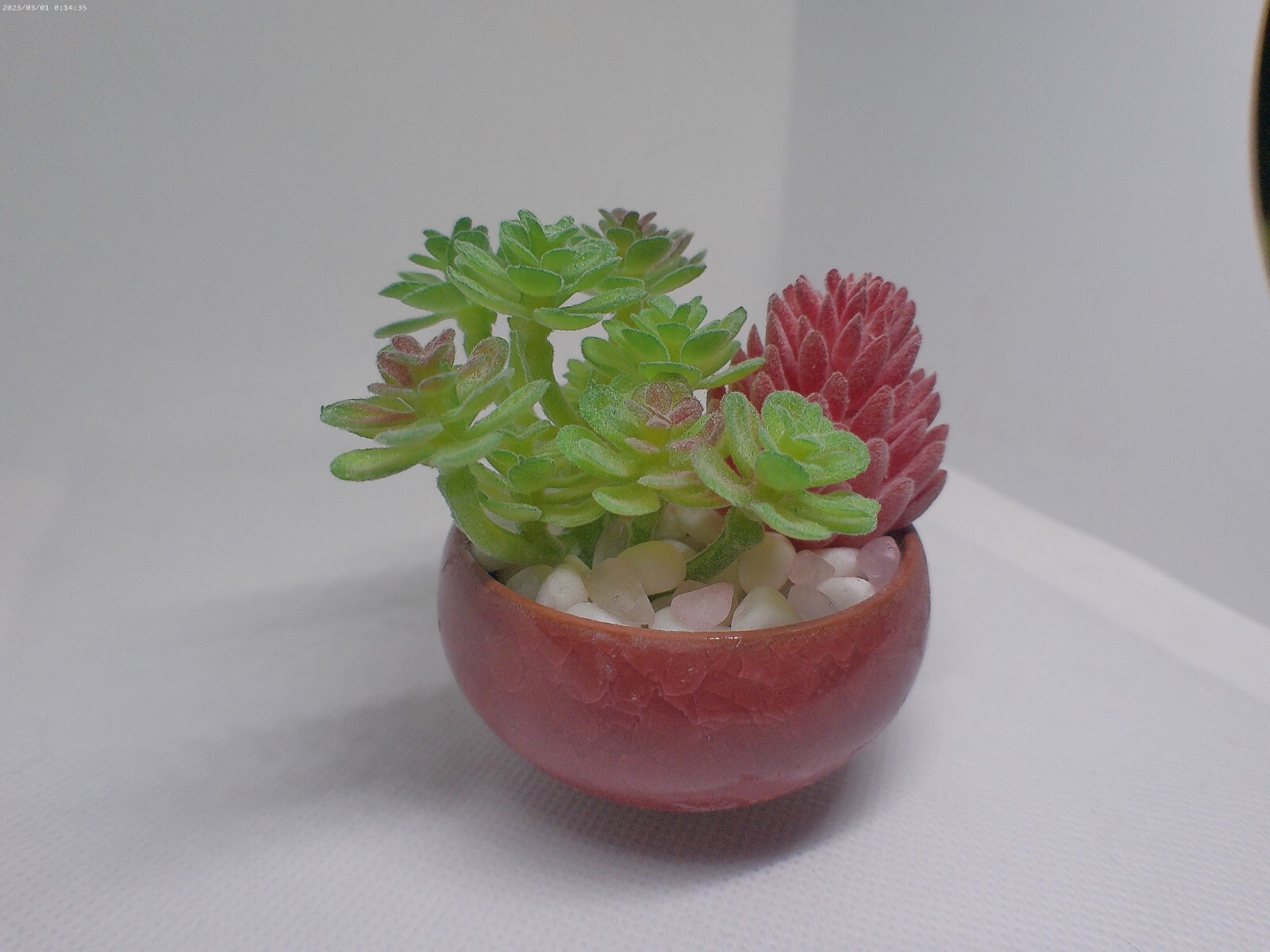 Small Handmade Maroon Planter with Faux Succulents & Rose Quartz Stones