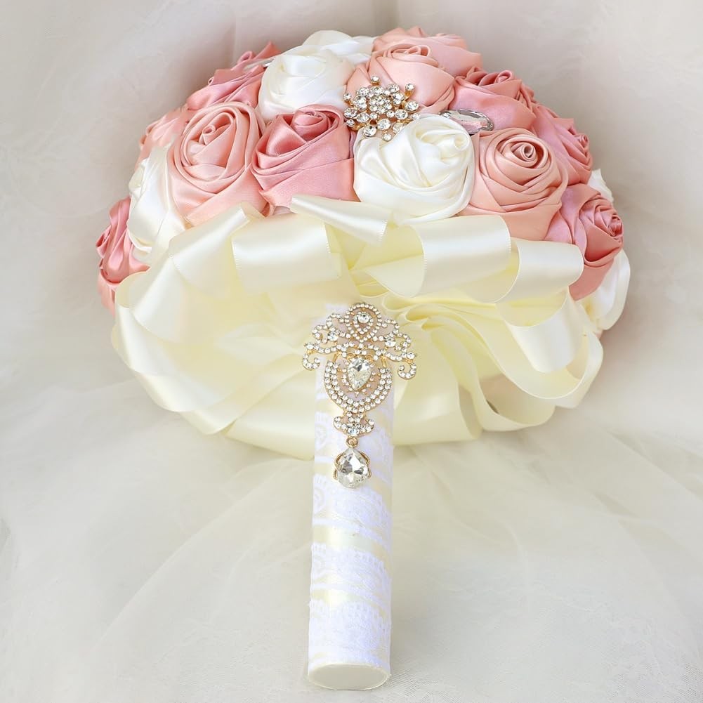 Blush Pink and Ivory Bridal Wedding Bouquet with Gold Brooch Bling Rhinestone…