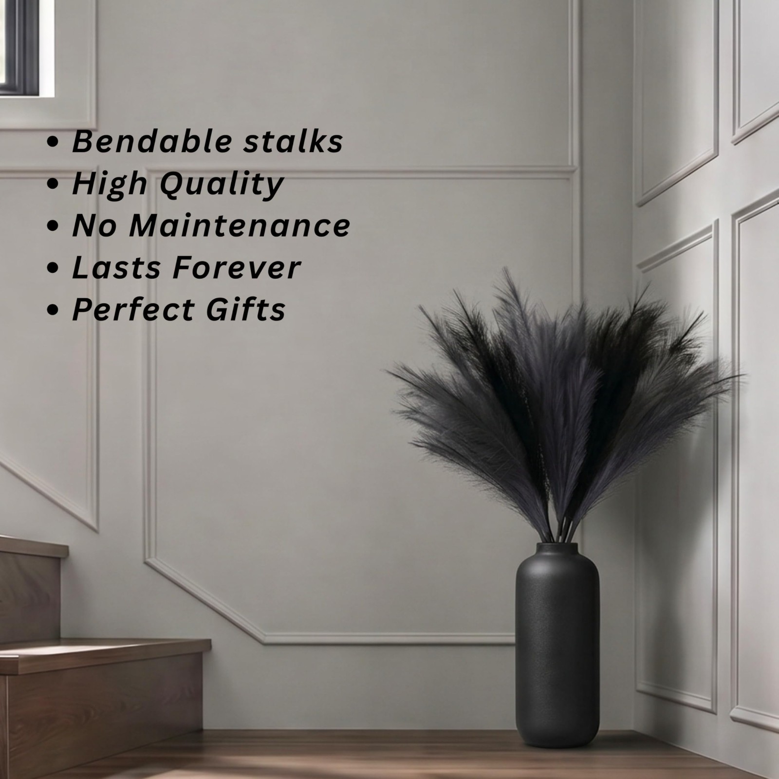 9 PCS Tall Faux Pampas Grass 37” Black Gray Fluffy Floral Decor for Vase, Boho