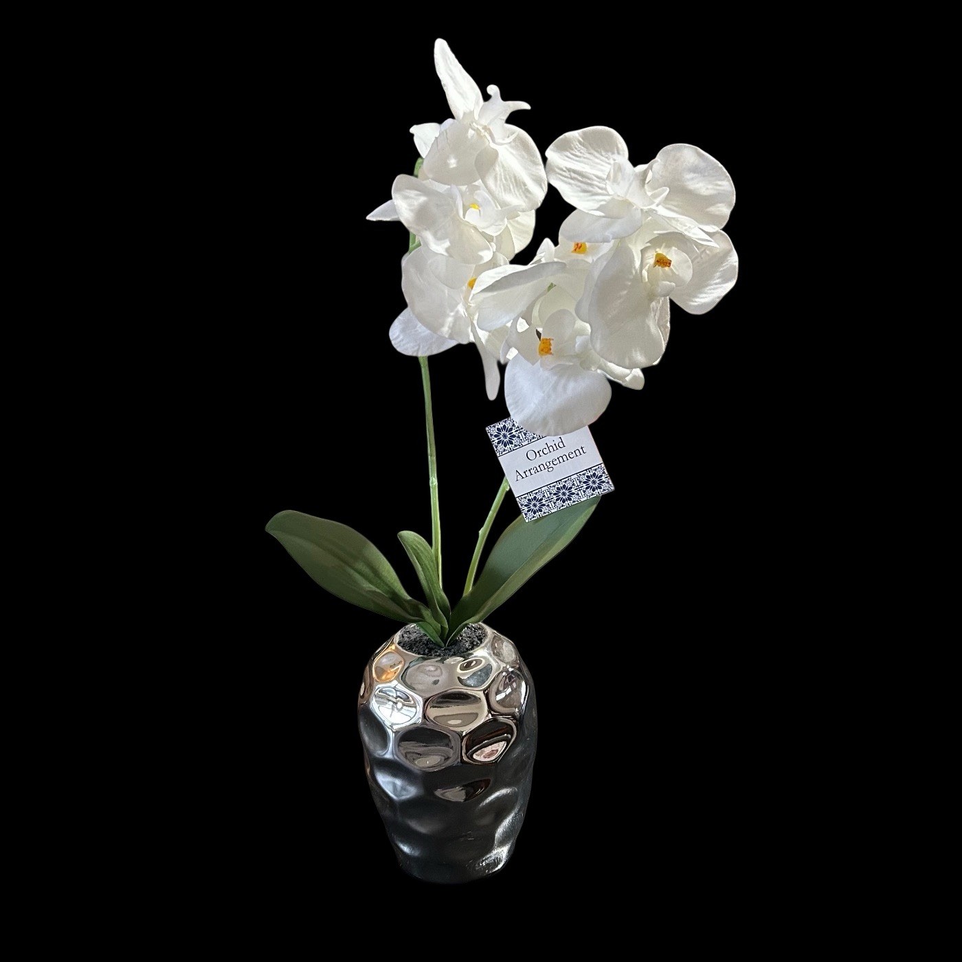 Orchid Floral Plant In Silver Metallic Vase 17” Table Art Modern Home Decor New