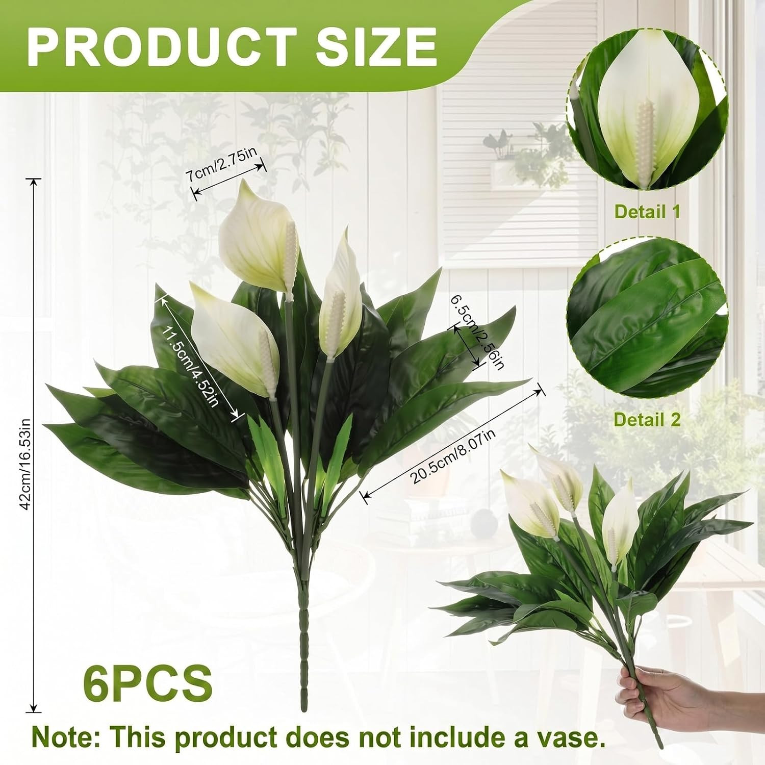 6 Pcs Faux Peace Lily Plants with Realistic Leaves for Home Decor & Centerpieces