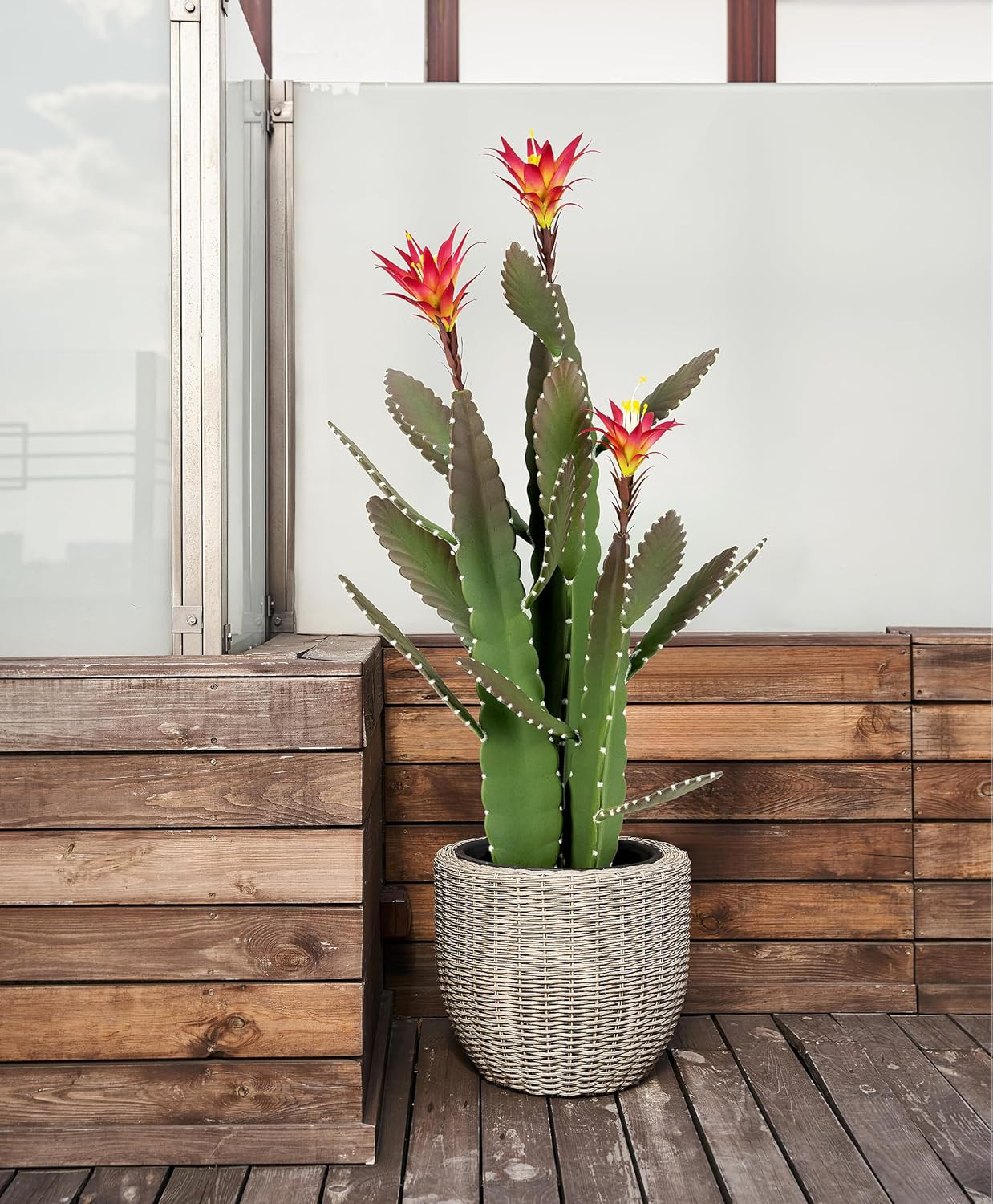 Large 33″ Faux Cactus with Magenta Flowers – Realistic Indoor/Outdoor Decor