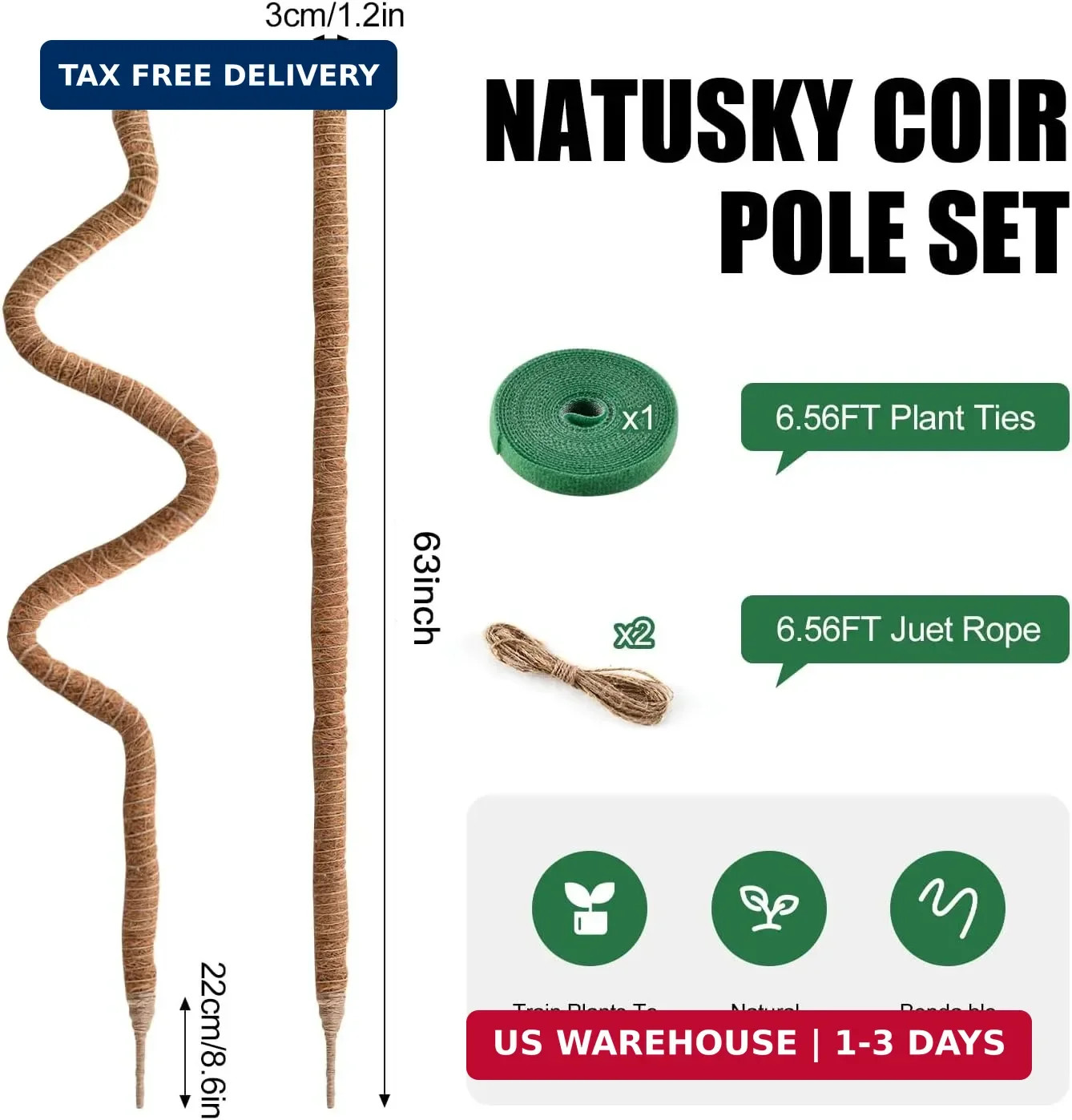 2 Pack Moss Pole, 63 Inch Bendable Moss Poles for Plants Monstera Long for Climb