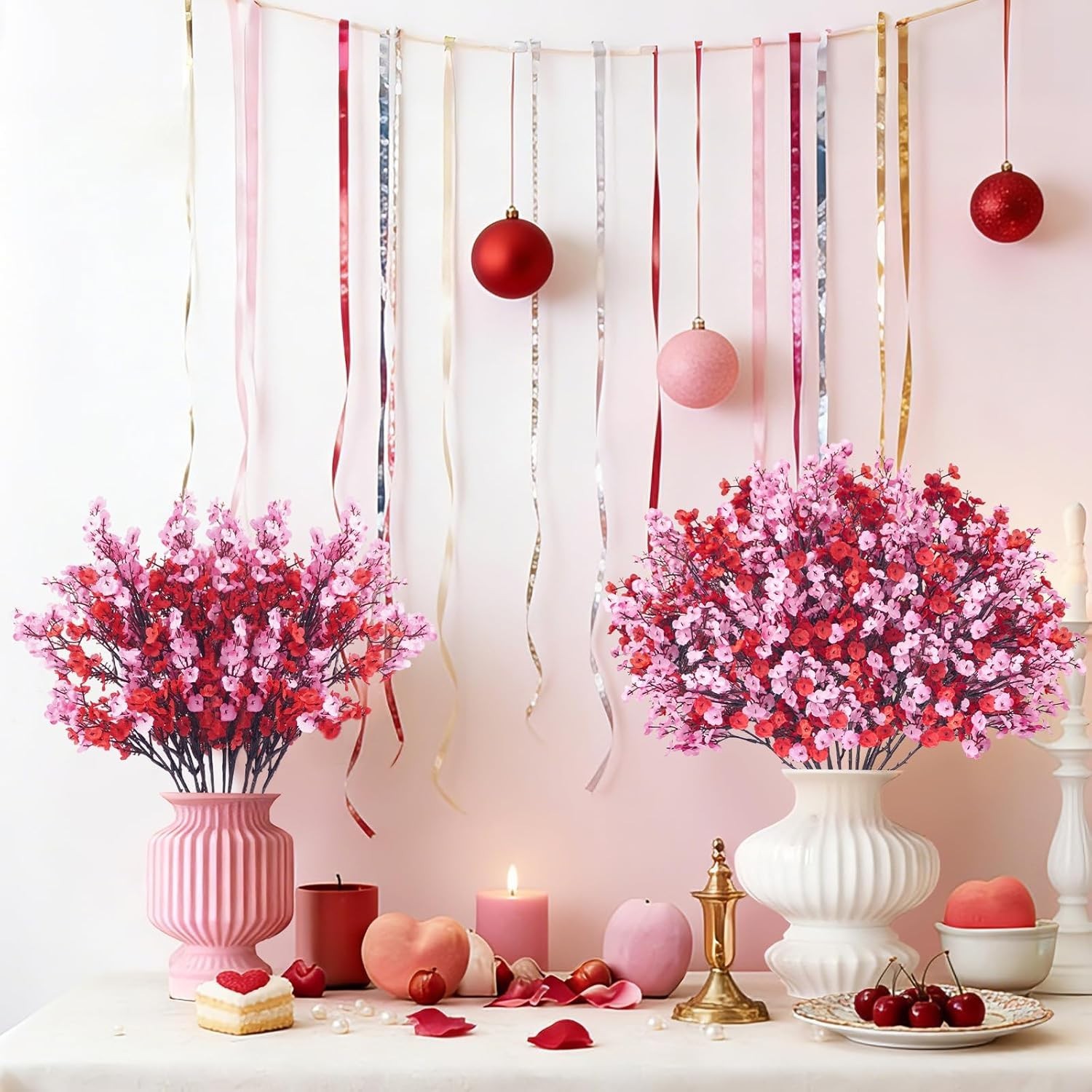 6 Pcs Valentine’s Day Artificial Baby’s Breath Flowers, Red Pink Faux Gypsoph…