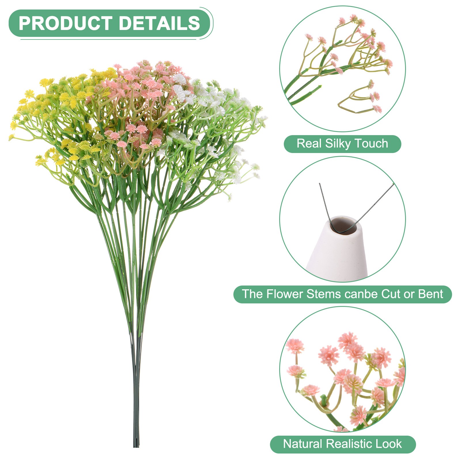 18-Pack Artificial Baby’s Breath for Home Decor Wedding [White+Yellow+Pink]
