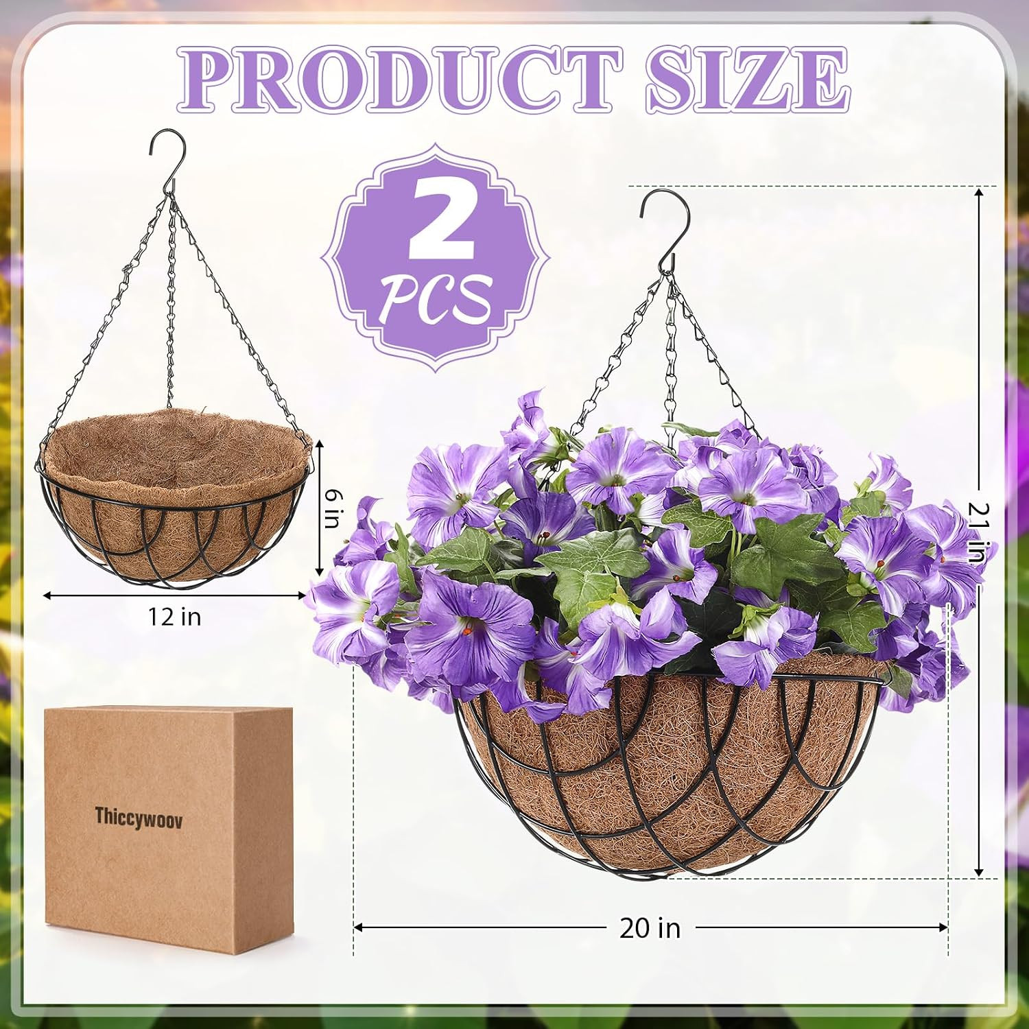 2 Pack Faux Petunia Hanging Flowers in 12″ Basket for Outdoor Decor (Purple)