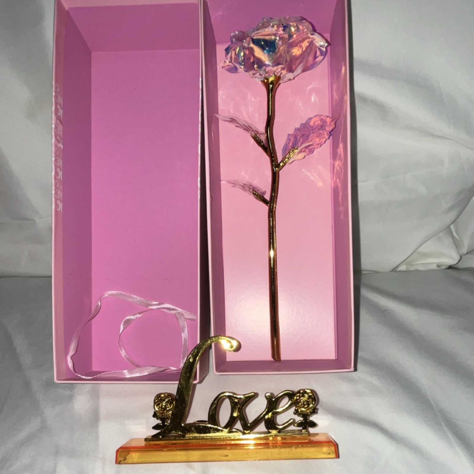 24K Golden Rose Artificial Metal Flower Stem with ‘Love’ Stand in Pink Gift Box