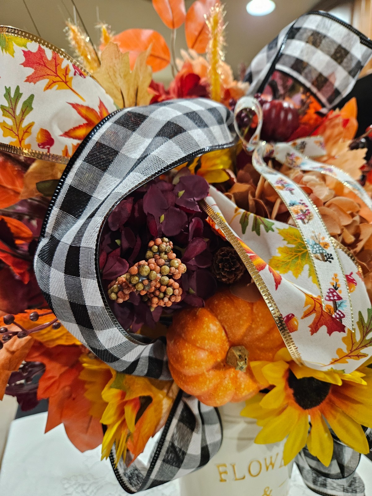 Chic Fall Florals with Ribbons, Bucket Vase, Orange, Cream, Dark Red