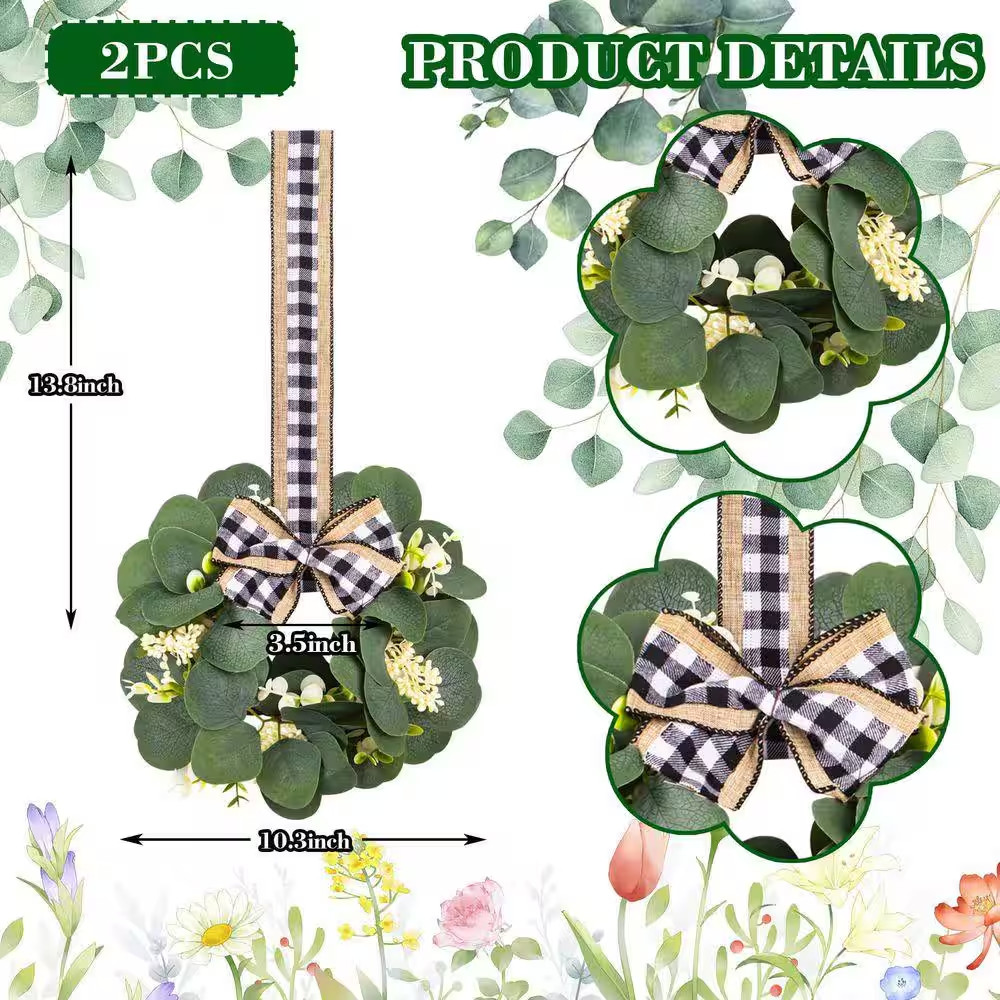 1 In. 2-Pieces Green Indoor/Outdoor Artificial Eucalyptus Plant Wreath Set for D