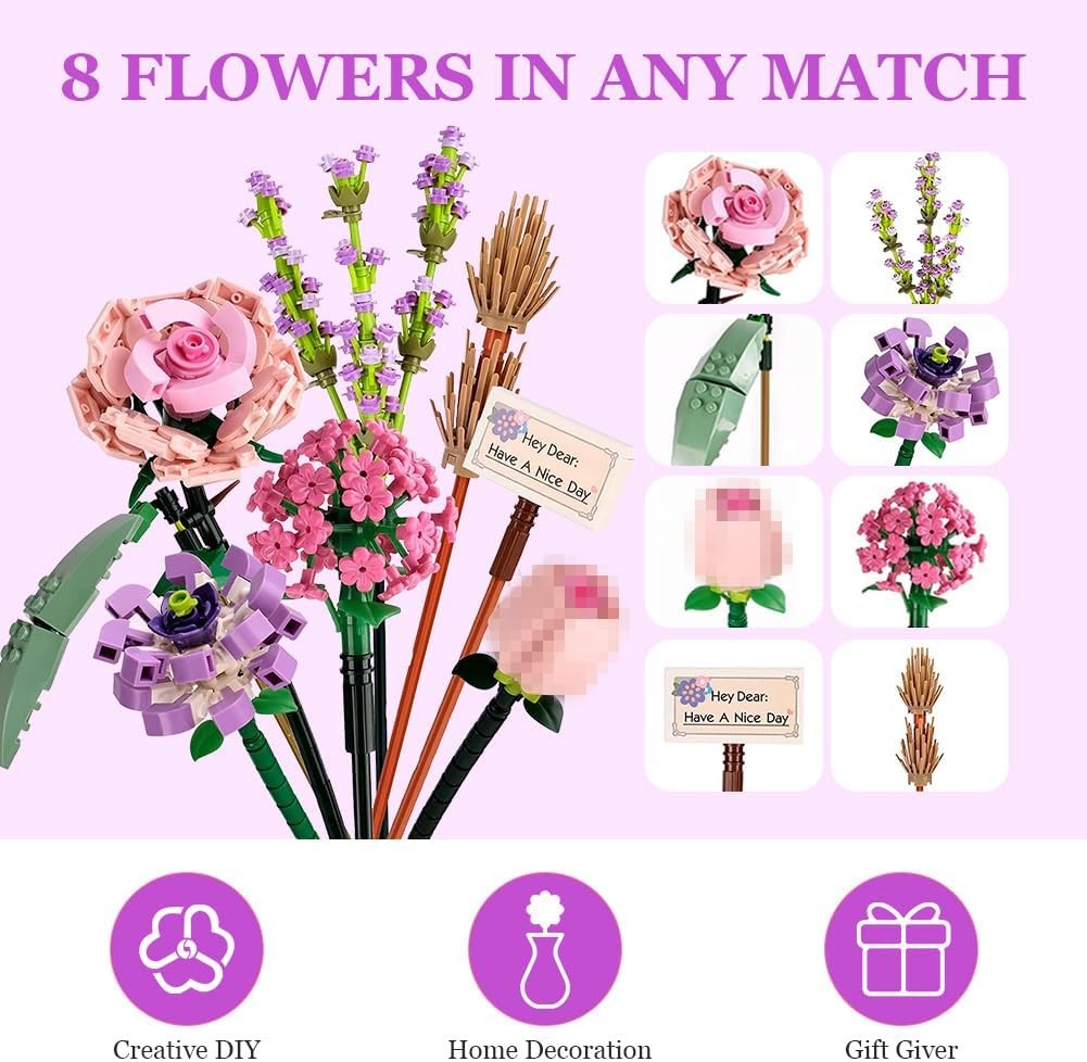 Mini Bricks Flower Bouquet Building Sets, Artificial Flowers, DIY Unique Decorat