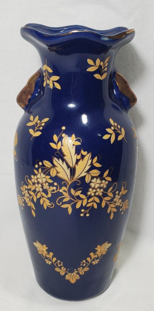 Hand-painted Dark Blue With Gold Floral Porcelain Vase Double Handle