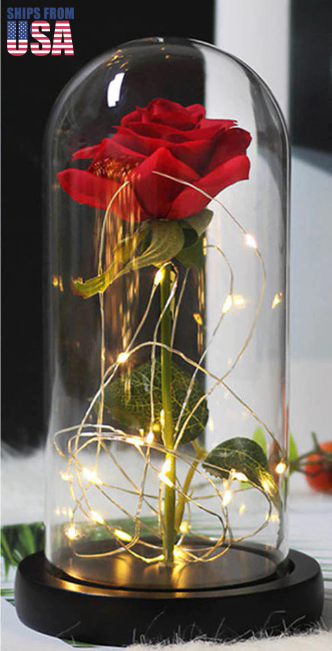 Red Rose In Crystal Clear Glass Dome with Soft White LED Lights – Color of Love