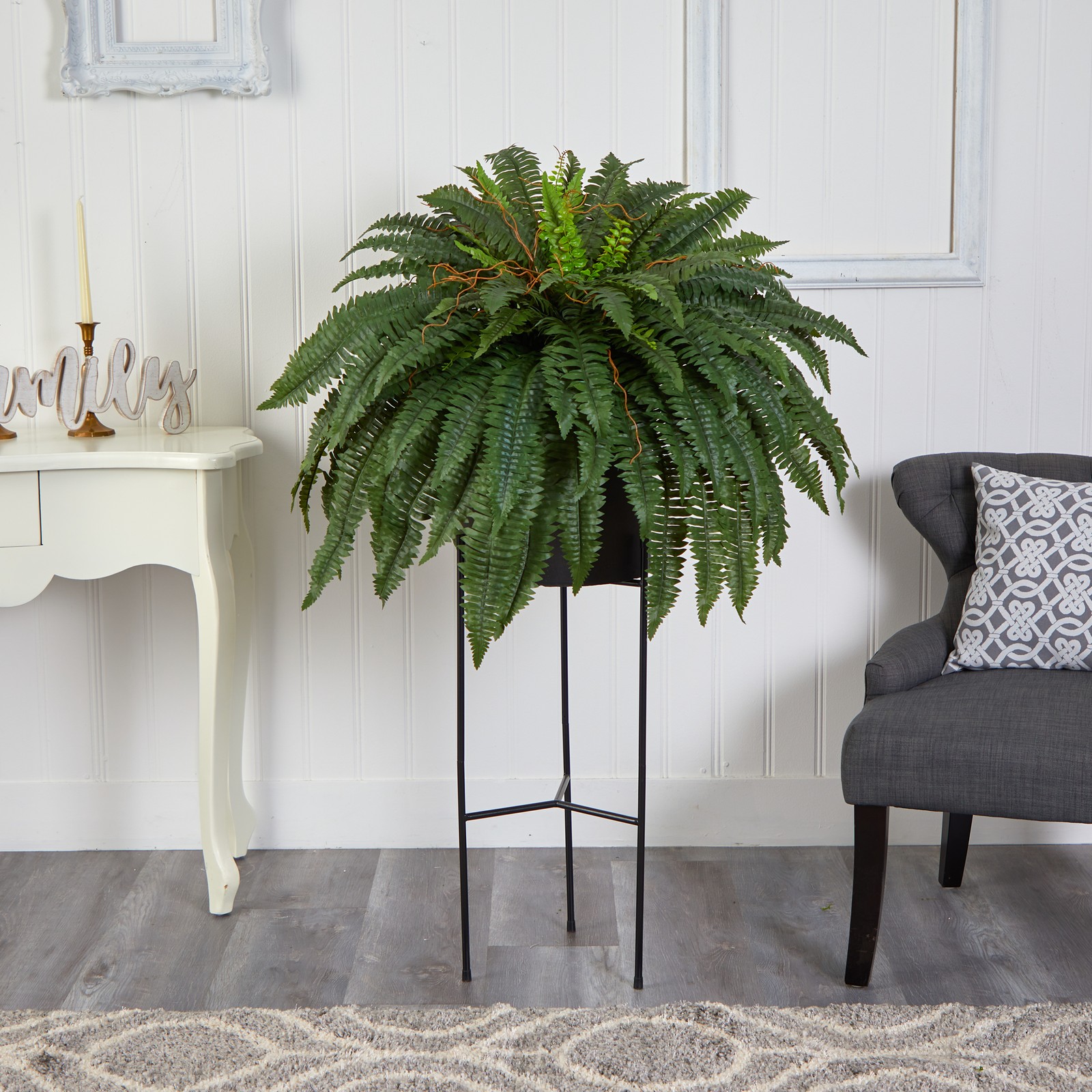 Nearly Natural 51″ Boston Fern Artificial Plant in Black Planter with Stand