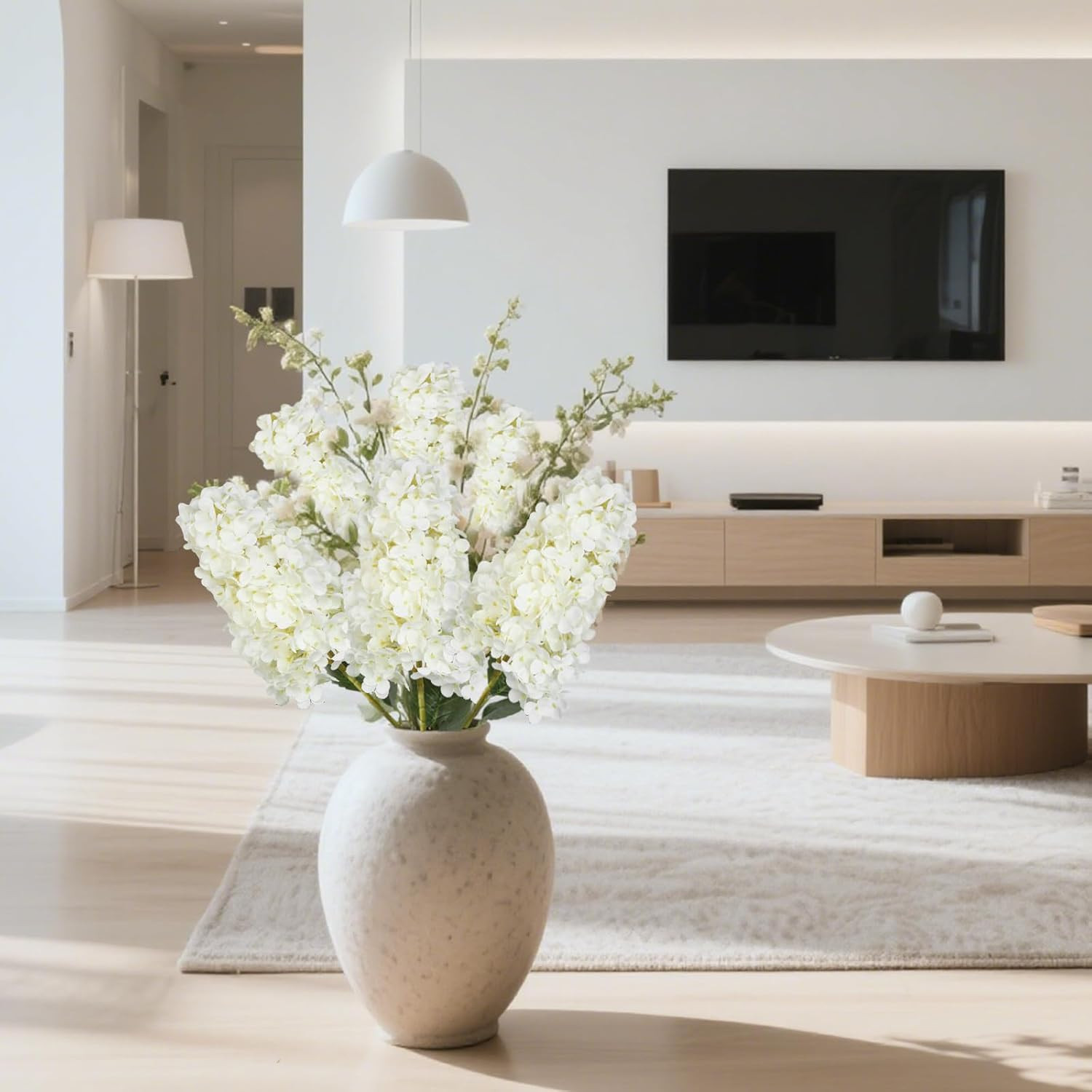 4Pcs White Hydrangea Artificial Flower 33.5″ Conical Faux Hydrangea (White) | Re