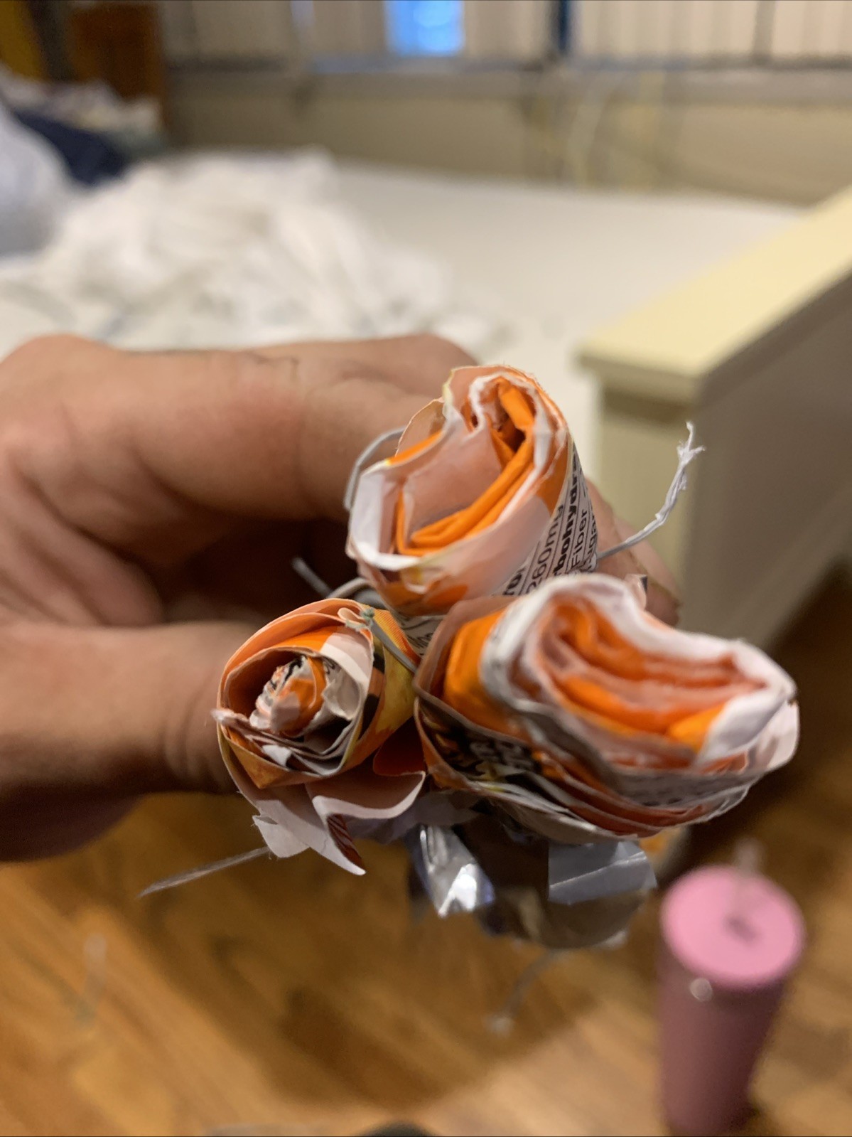 Three Rose Stems w/orange Rose Buds Made From •Gold Fish Snack Cover Wrap W Love