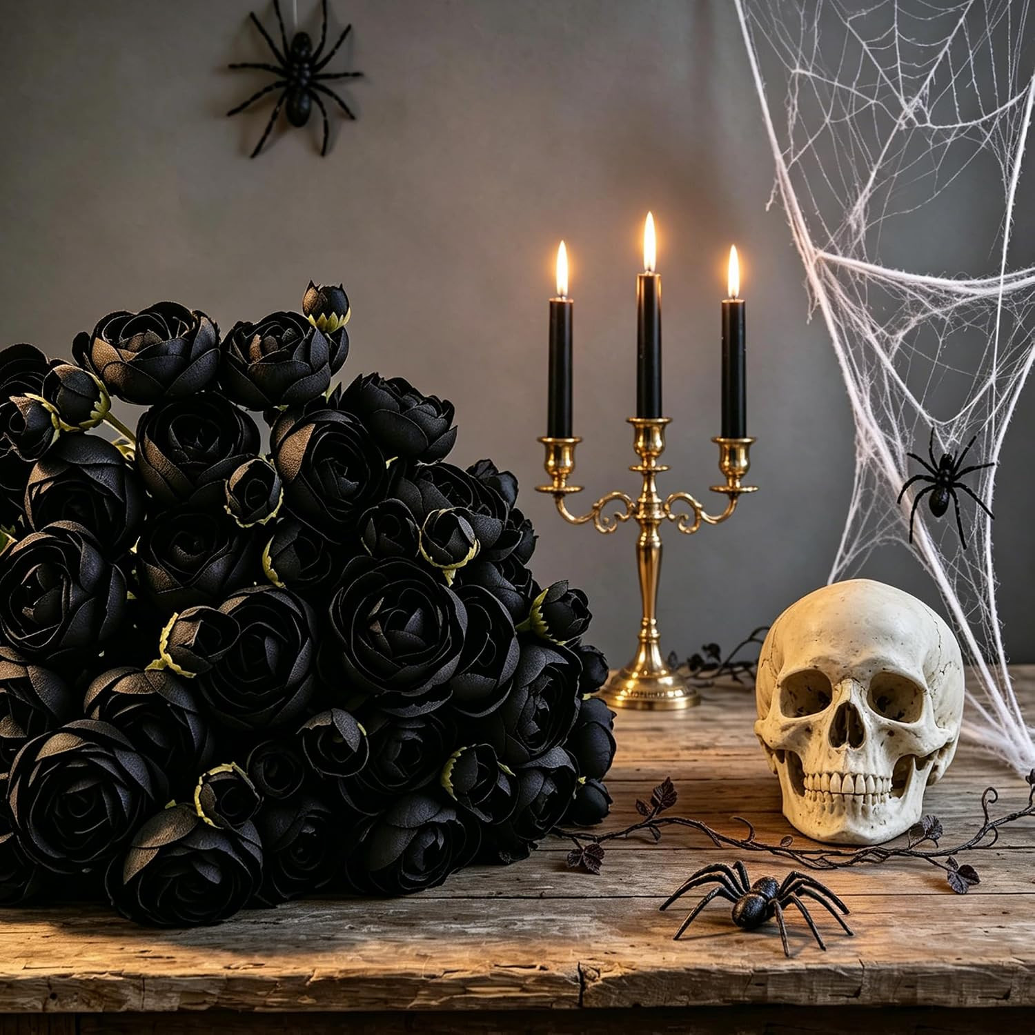 Black Faux Silk Ranunculus Bouquet – 24 Stems for Weddings & Home Décor