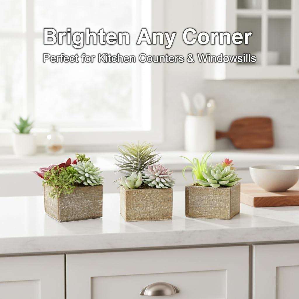 Succulent Plants Artificial, 3 Pack Small Fake Plants in Wood Pot for Home Decor