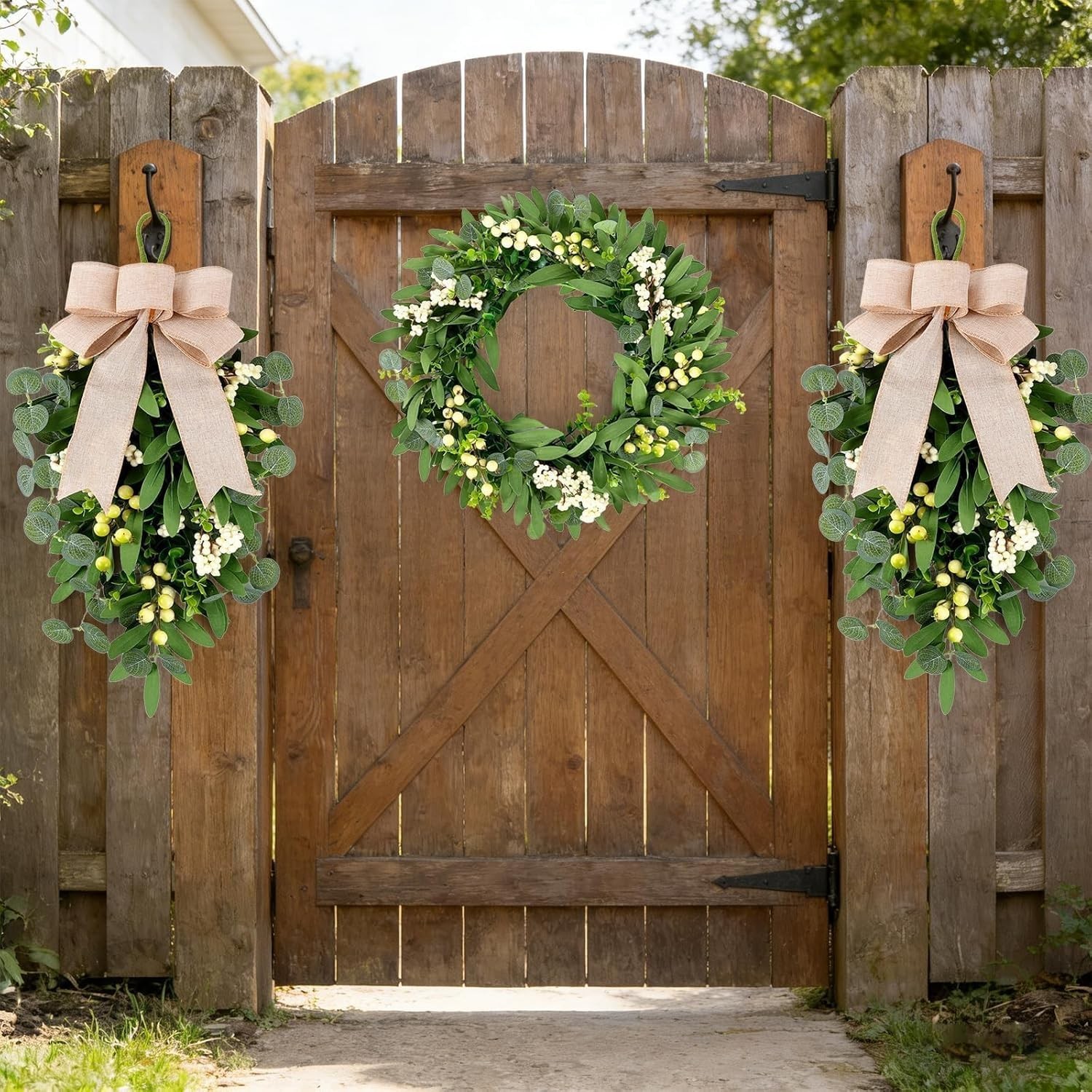 3 PCS Artificial Green Eucalyptus Wreaths for Front Door Spring Summer Greene…