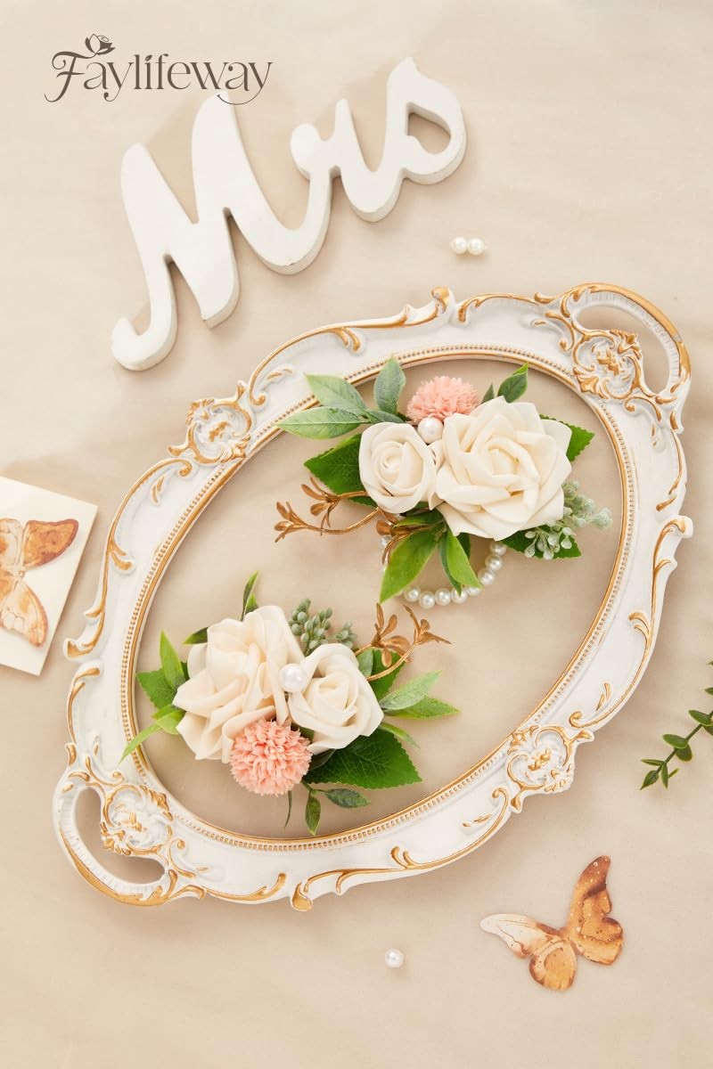 2 PCS White Rose Boutonniere Wrist Corsages Wedding Prom Corsage Wristlet