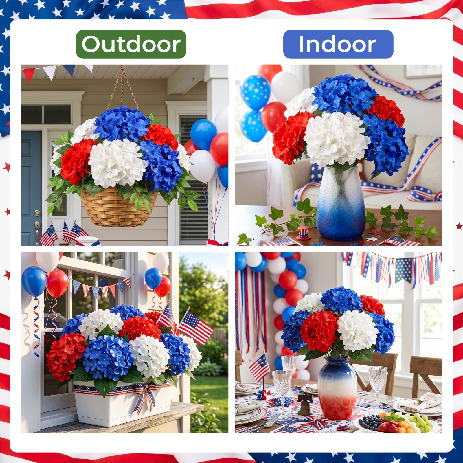 6 Bundles Patriotic Artificial Hydrangea Flowers – Red White Blue Decor for Memo
