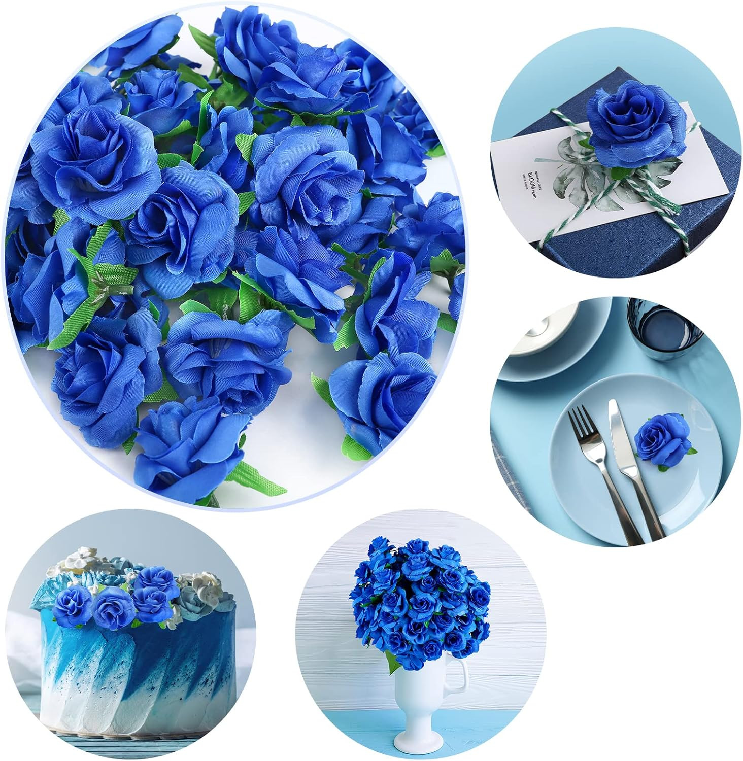 50Pcs Royal Blue Roses Artificial Flowers Bulk, 1.6″ Small Silk Fake Roses Flowe