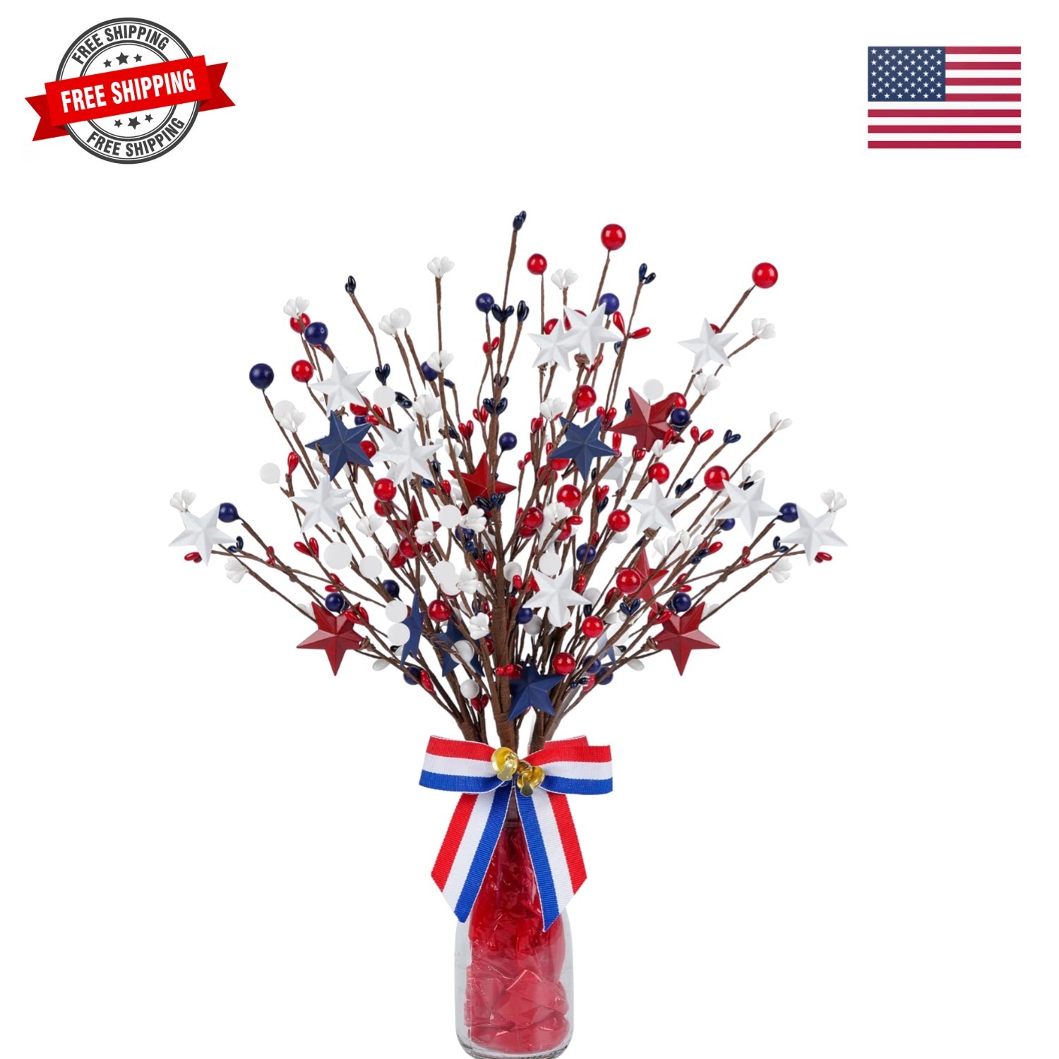 4 Pack Patriotic Artificial Berry Stem Picks White Blue Red Stars for 4th of …