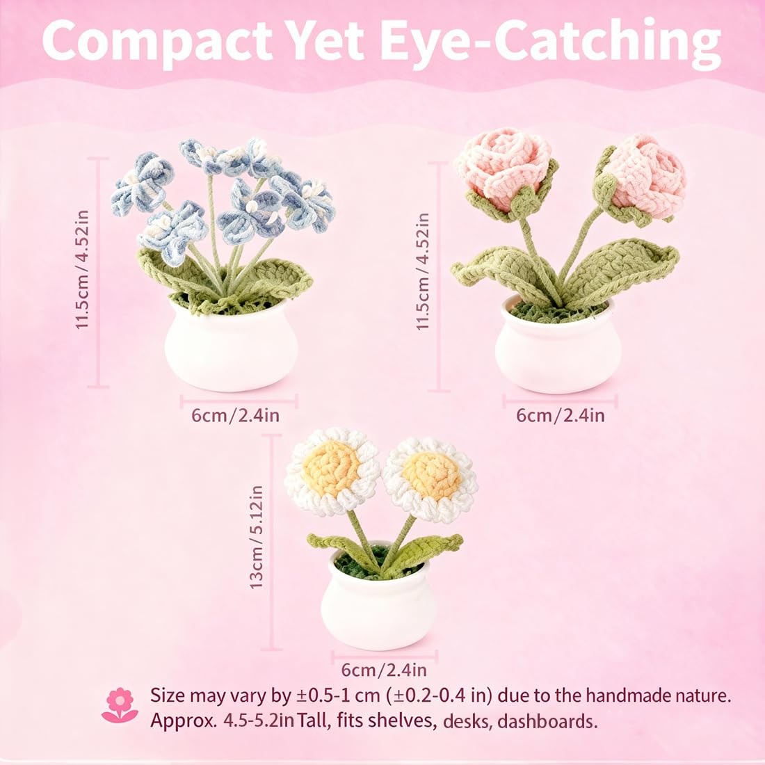 Crochet Flowers Pot Set Daisy Rose Forget Me Not Small Potted 3 PCS Gift