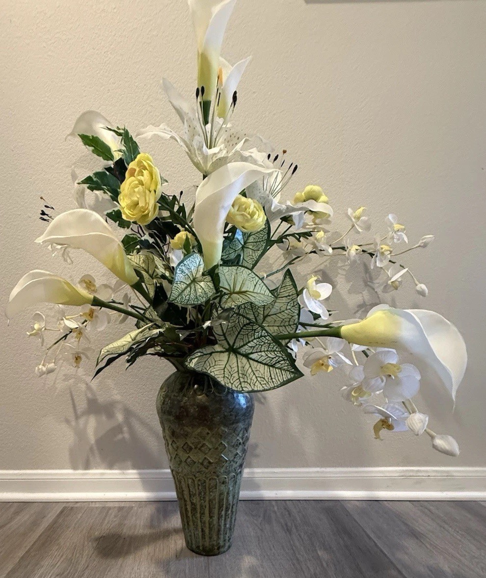 Silk Floral White Callas Lillies Yellow Roses And White Orchids Set In Textured