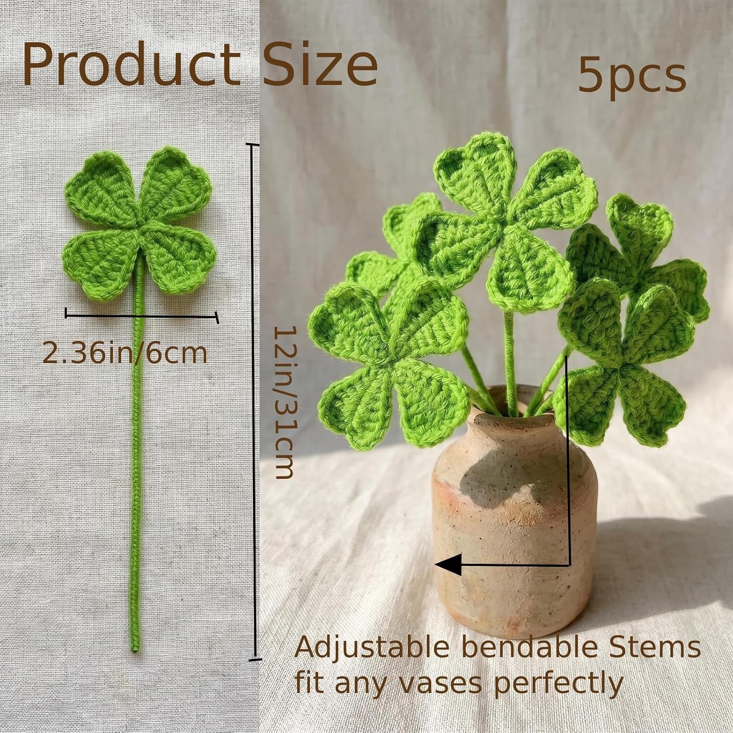 5Pcs Handmade Crochet Four Leaf Clover Bendable Non-Wilt Lucky Decor | Handcr…