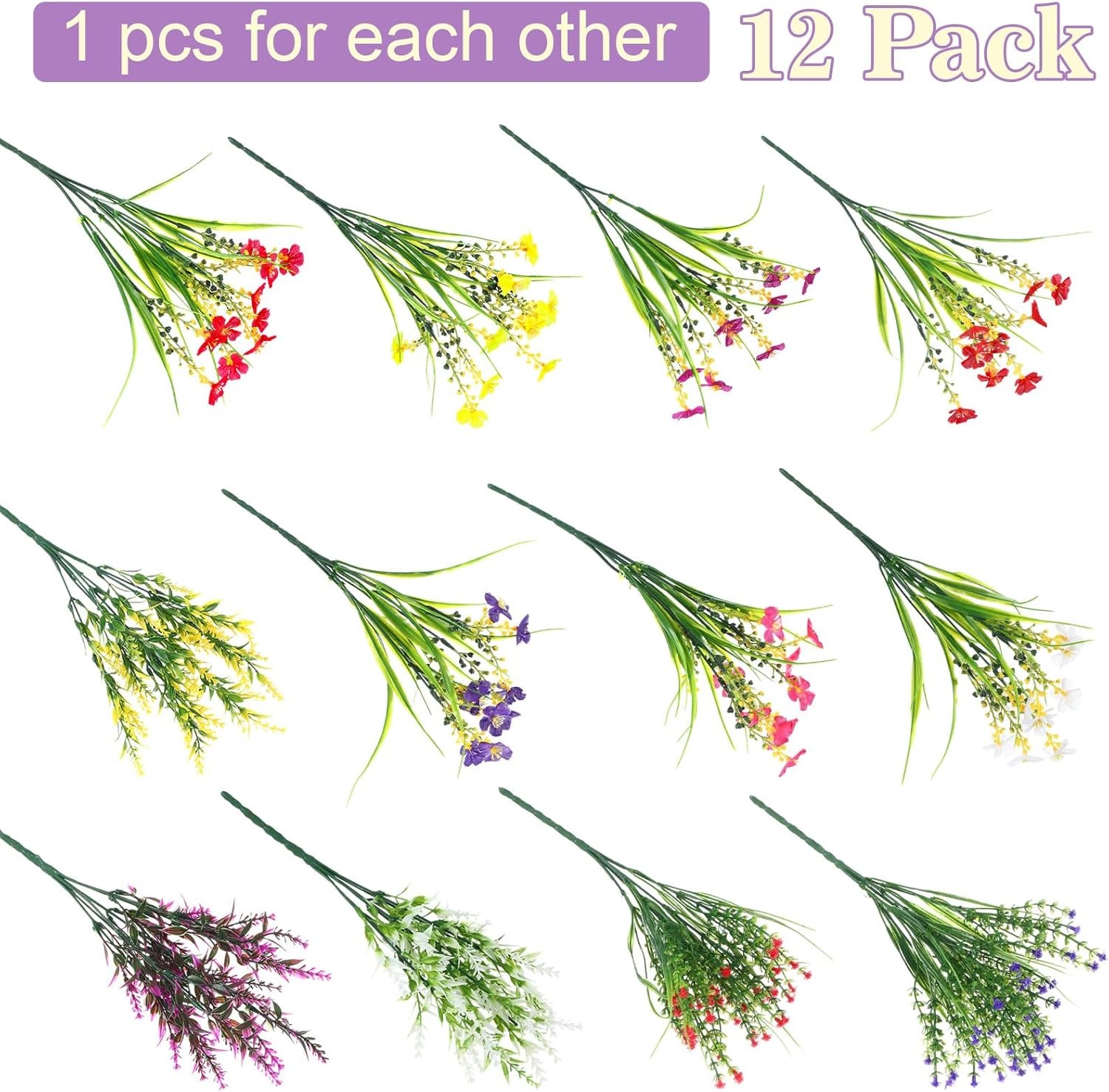 12 Pcs Artificial Flowers for Outdoor Faux Wildflower Plants UV Resistant
