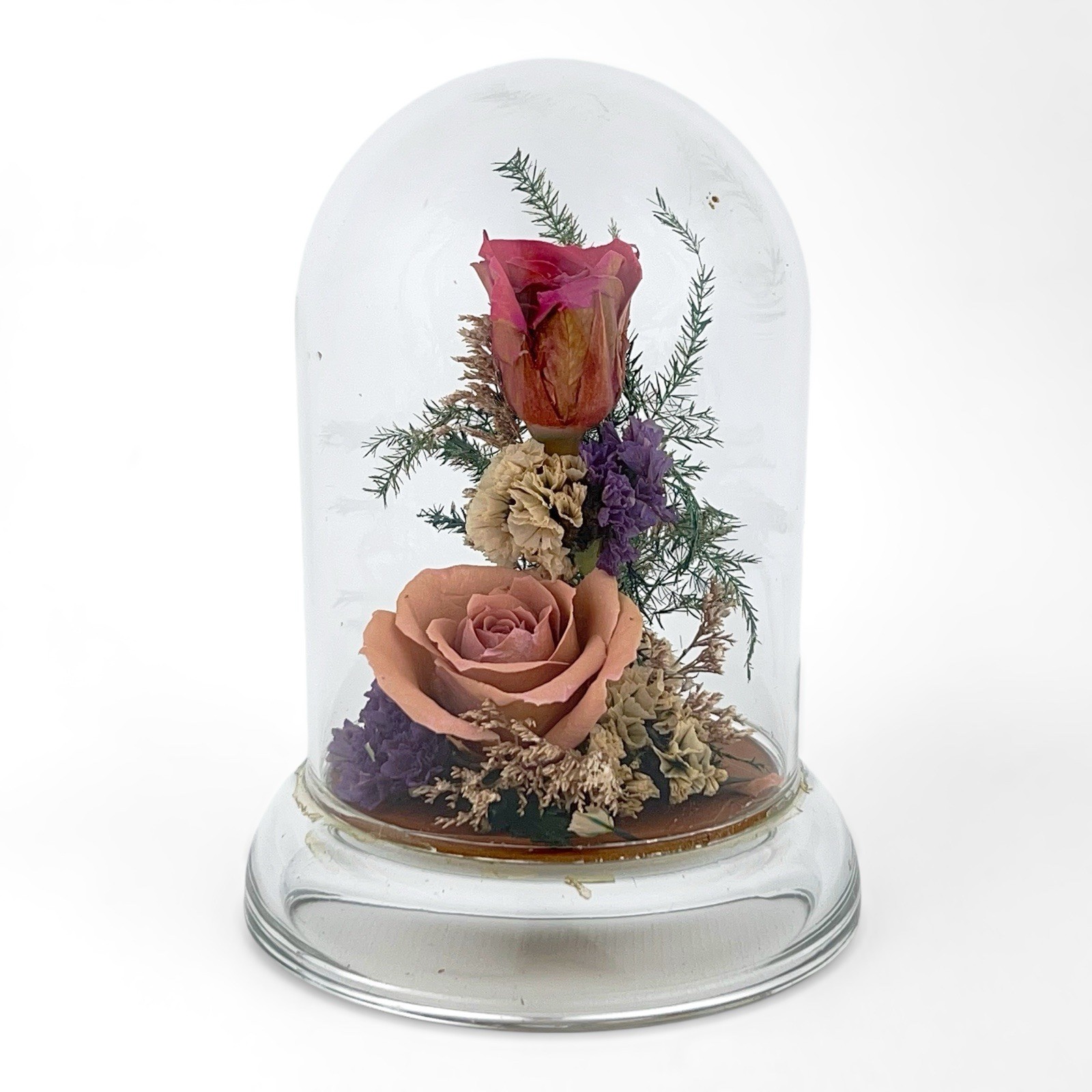 Vintage Dried Pink Rose Flower Arrangement Preserved in 5″ Glass Dome